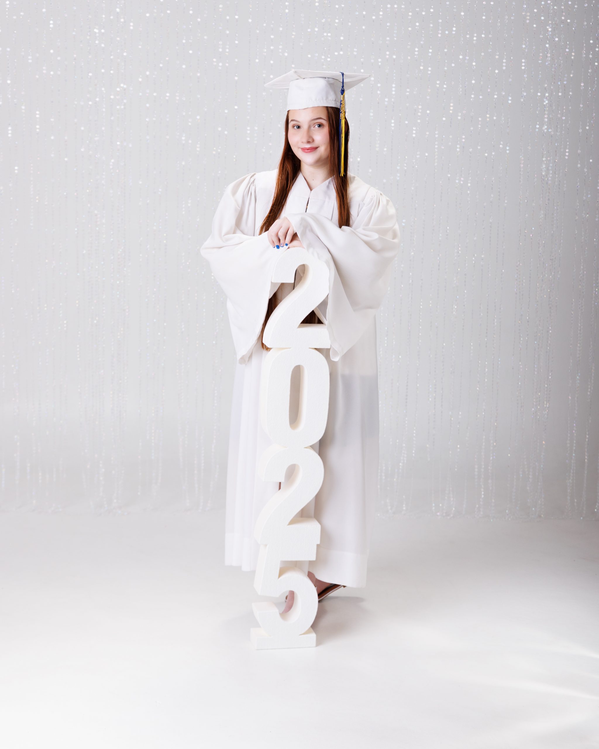 2025 Senior Graduation Photo Session – White Gown and Cap