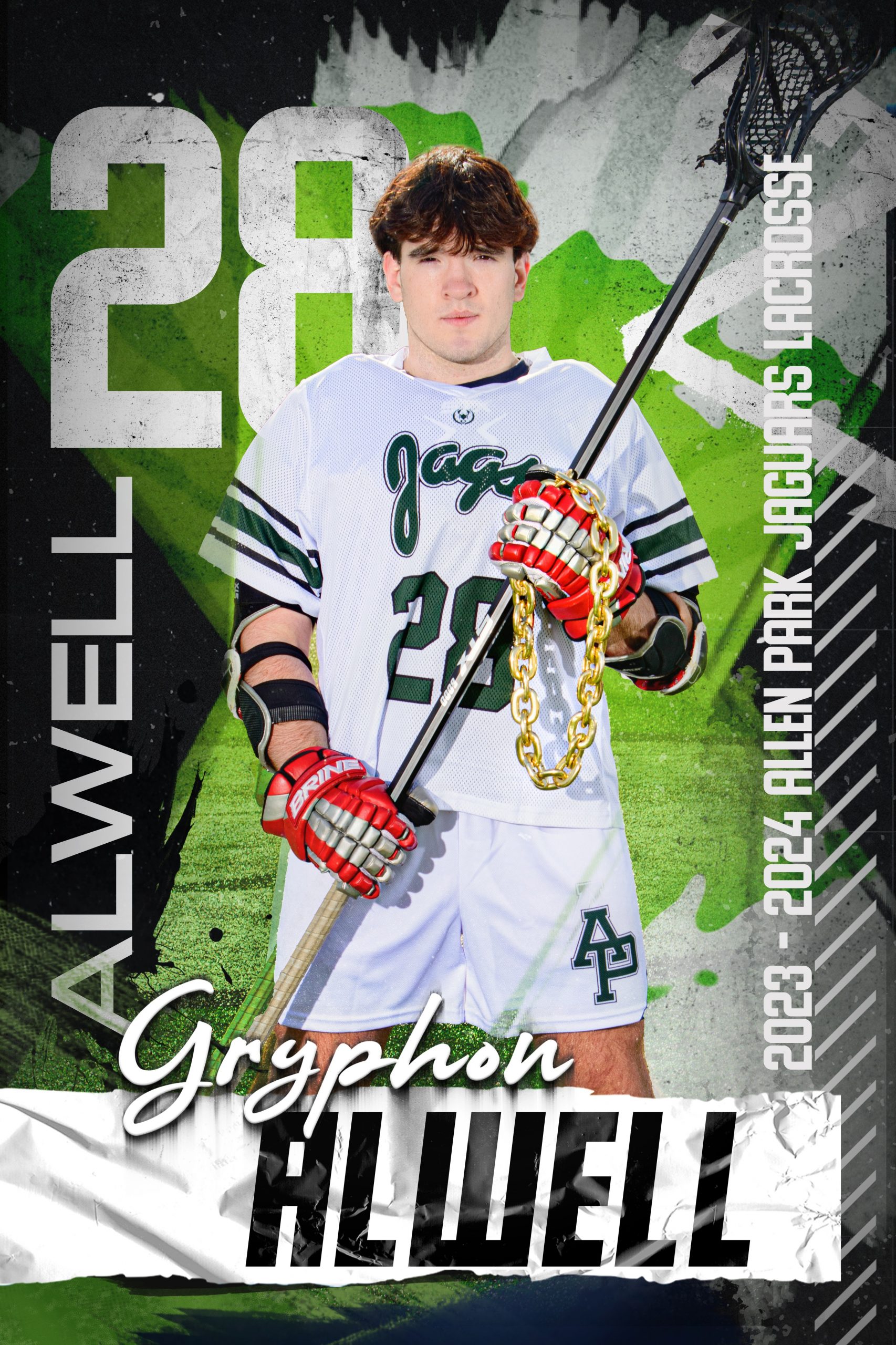Allen Park Jaguars lacrosse player wearing jersey number 28 holding stick and chain