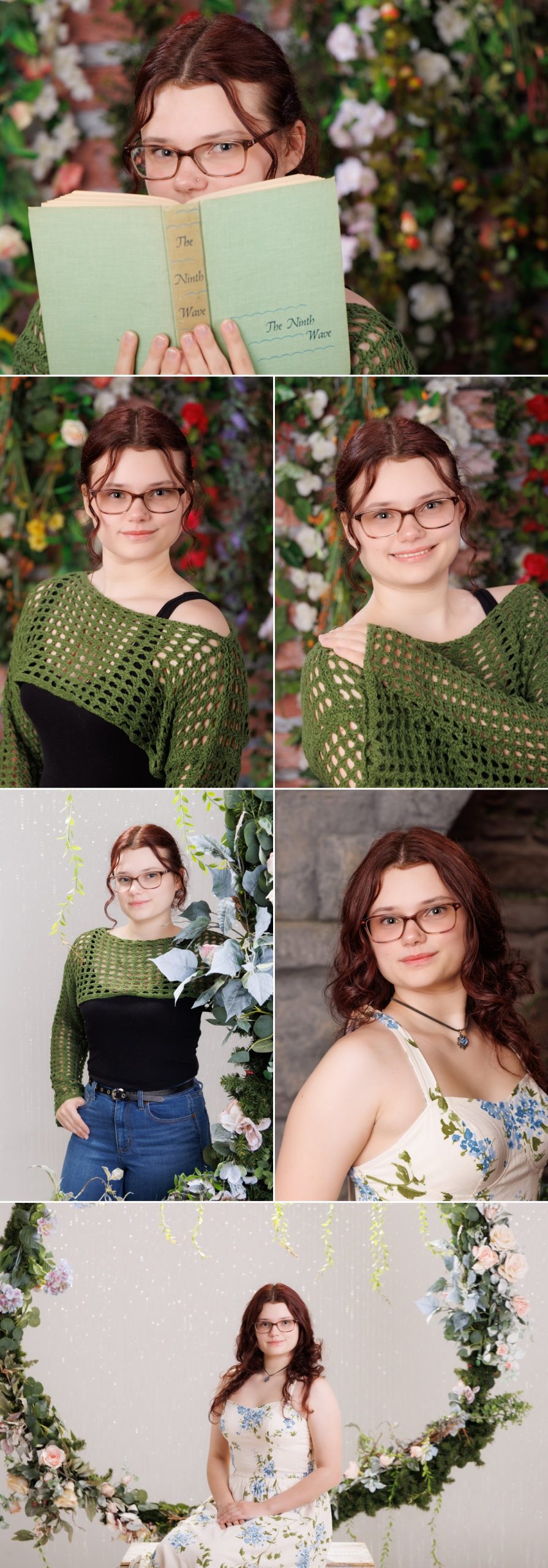 Senior Photography Session with Floral Backdrops in Wyandotte photography storyboard collage featuring 6 photographs
