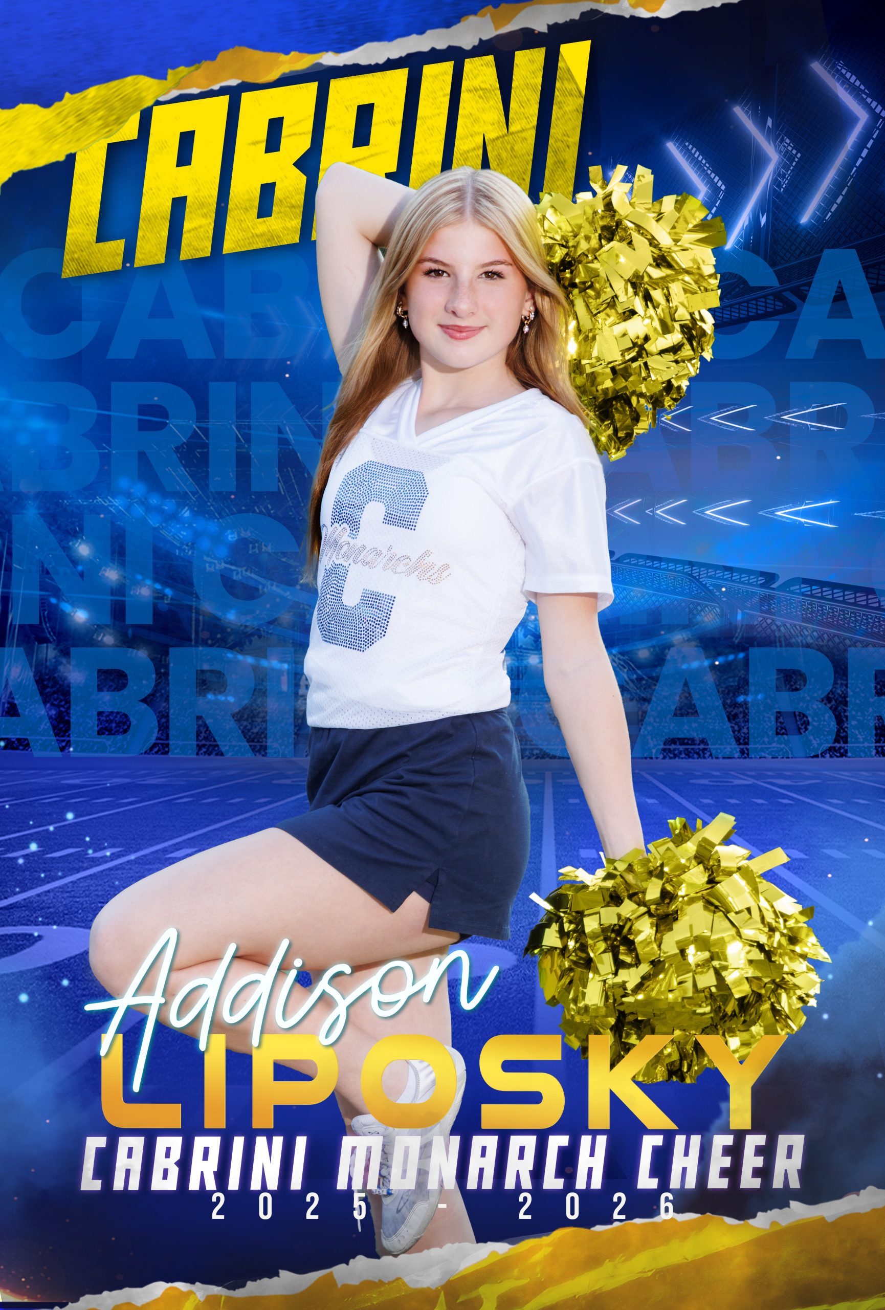 Genna Mach, Cabrini Monarch Cheerleader, holding gold pom-poms during sideline performance