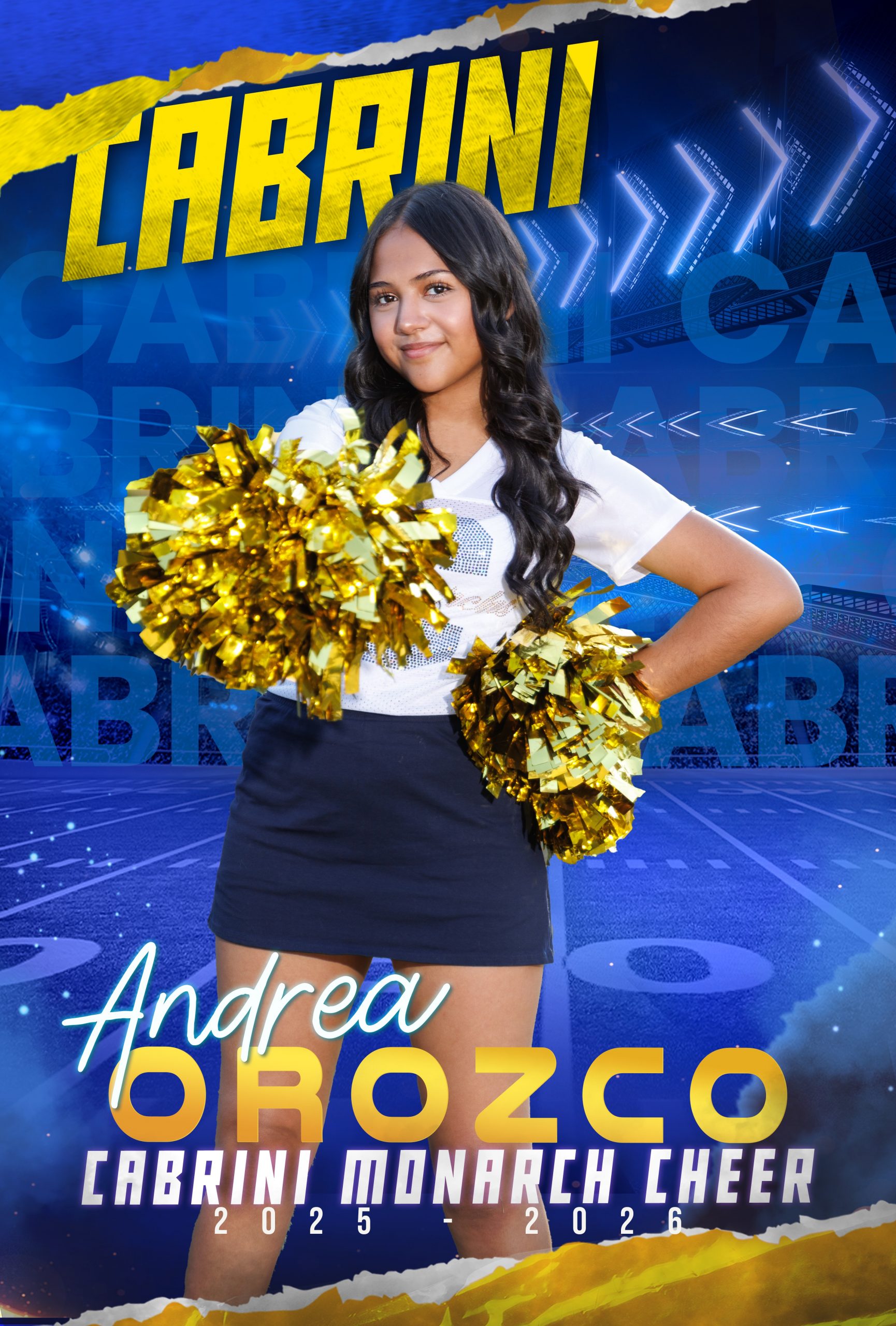Genna Mach, Cabrini Monarch Cheerleader, holding gold pom-poms during sideline performance
