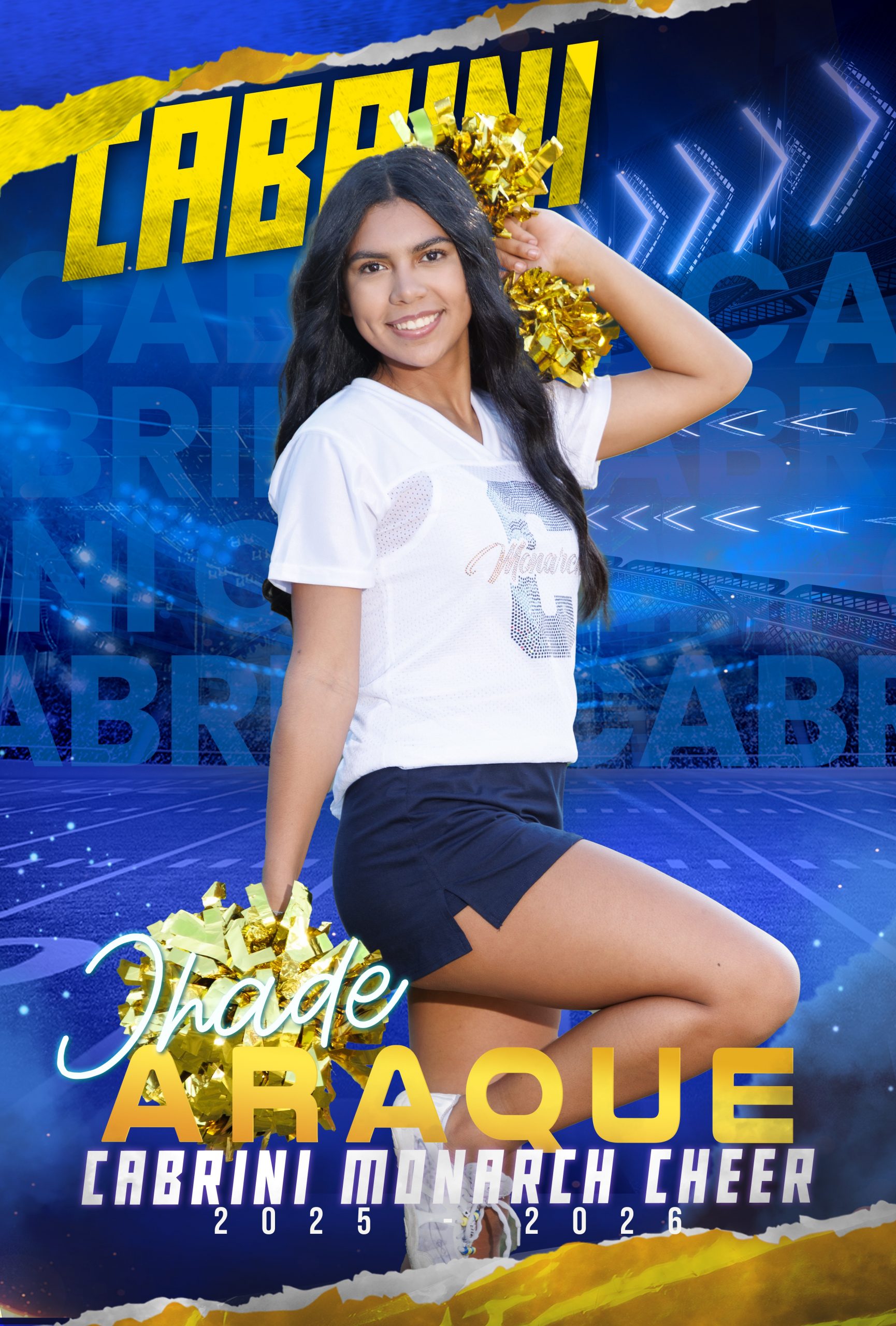 Genna Mach, Cabrini Monarch Cheerleader, holding gold pom-poms during sideline performance