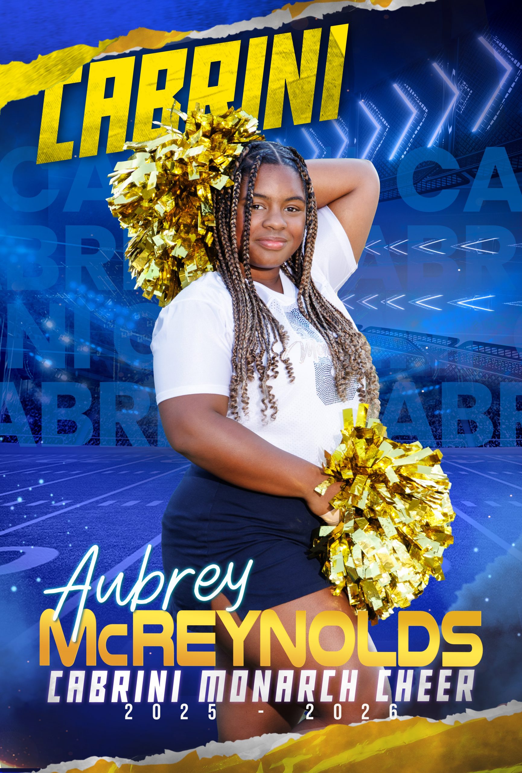Genna Mach, Cabrini Monarch Cheerleader, holding gold pom-poms during sideline performance