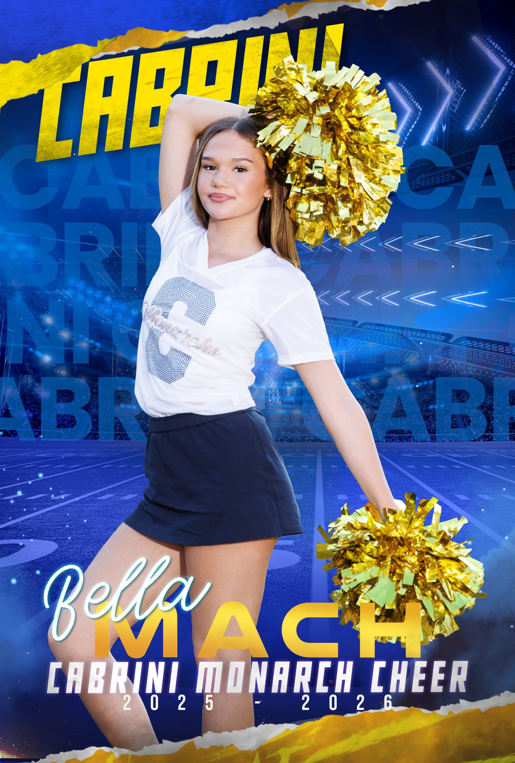 Genna Mach, Cabrini Monarch Cheerleader, holding gold pom-poms during sideline performance