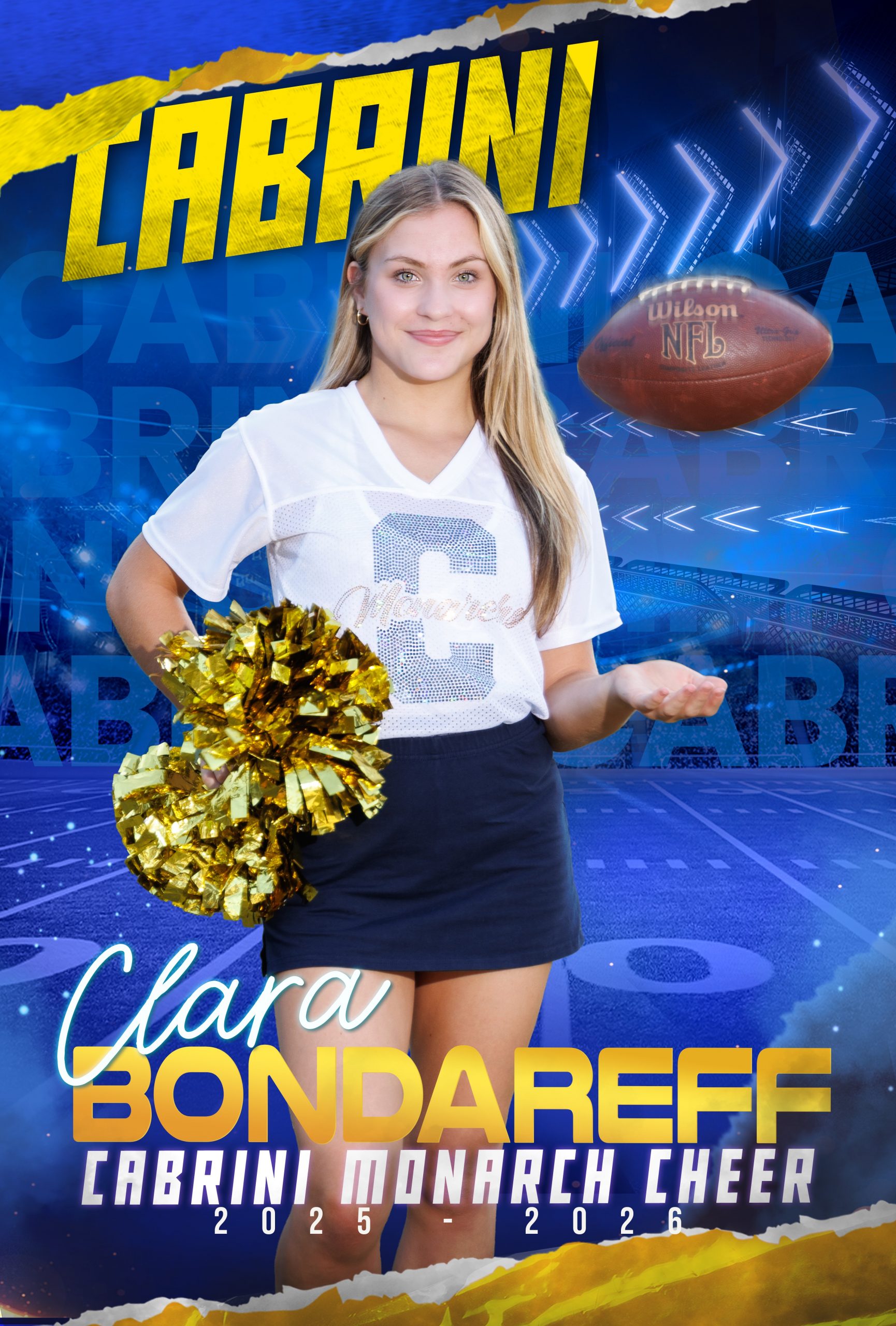 Genna Mach, Cabrini Monarch Cheerleader, holding gold pom-poms during sideline performance