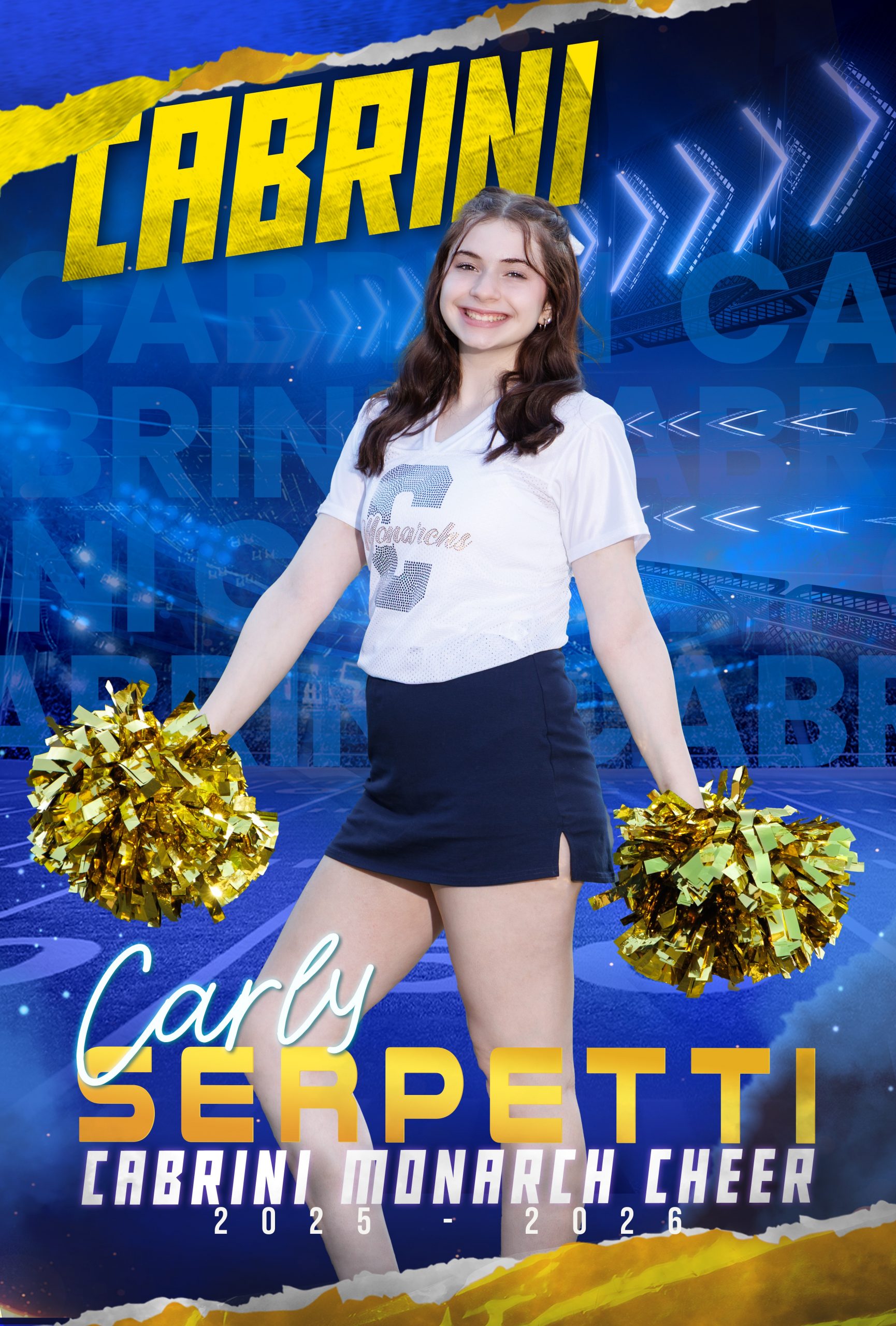 Genna Mach, Cabrini Monarch Cheerleader, holding gold pom-poms during sideline performance