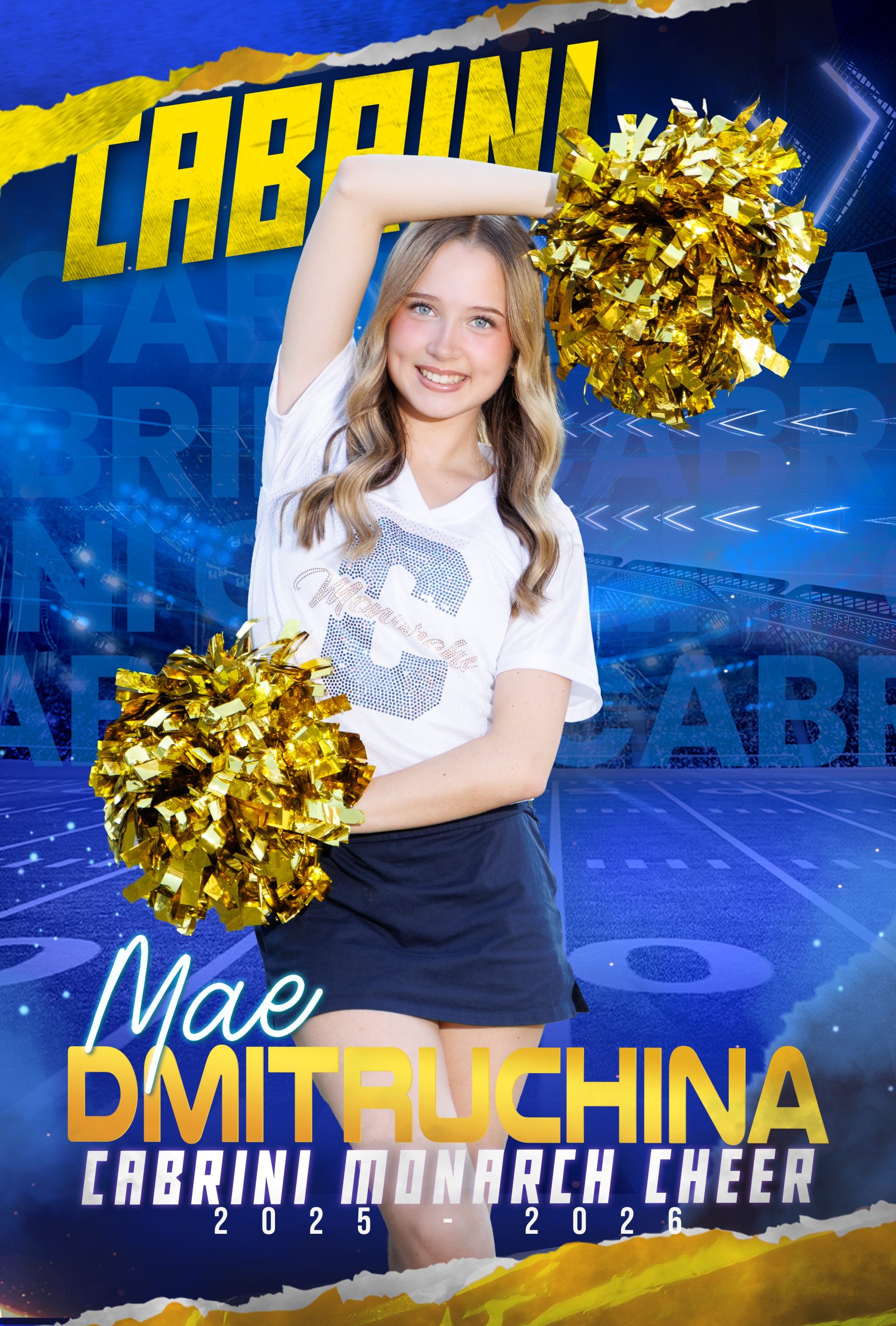 Genna Mach, Cabrini Monarch Cheerleader, holding gold pom-poms during sideline performance