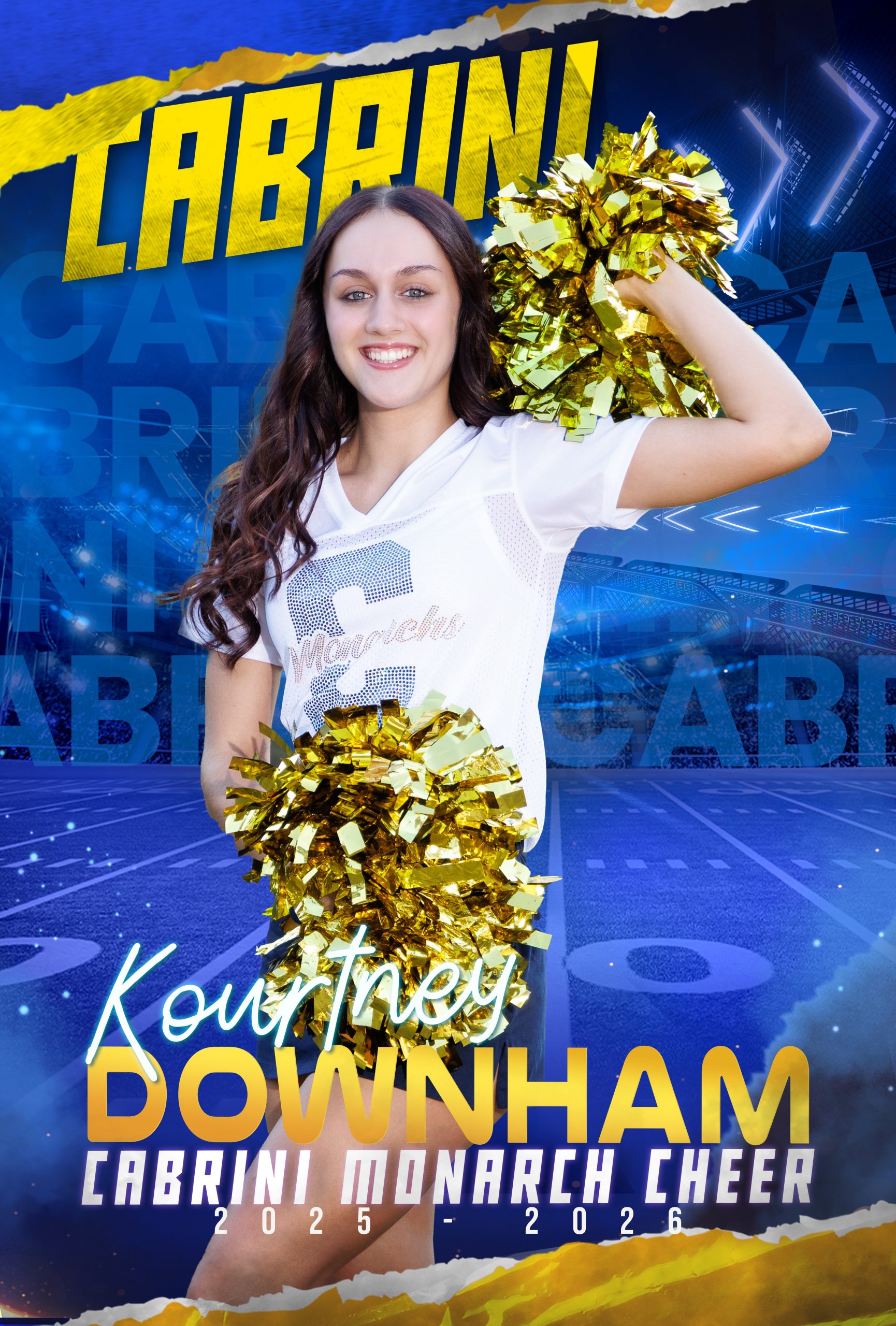 Genna Mach, Cabrini Monarch Cheerleader, holding gold pom-poms during sideline performance