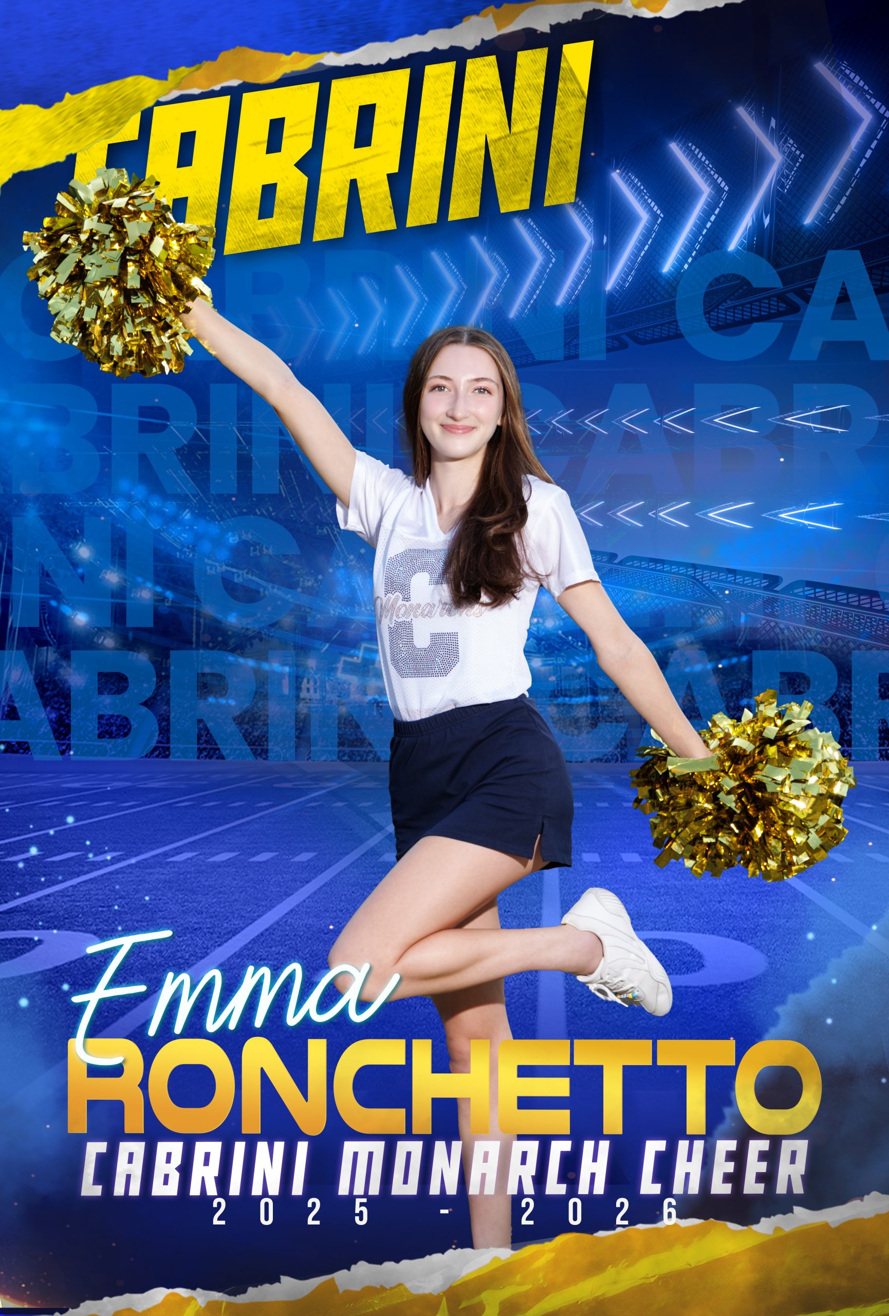 Genna Mach, Cabrini Monarch Cheerleader, holding gold pom-poms during sideline performance