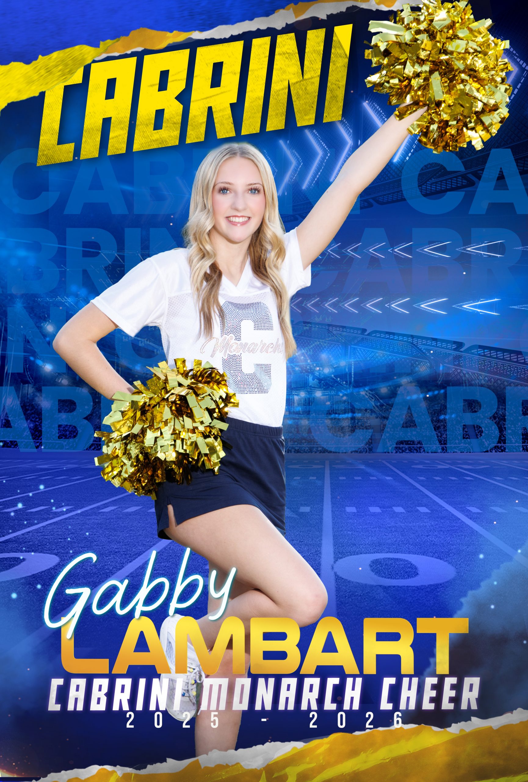 Genna Mach, Cabrini Monarch Cheerleader, holding gold pom-poms during sideline performance