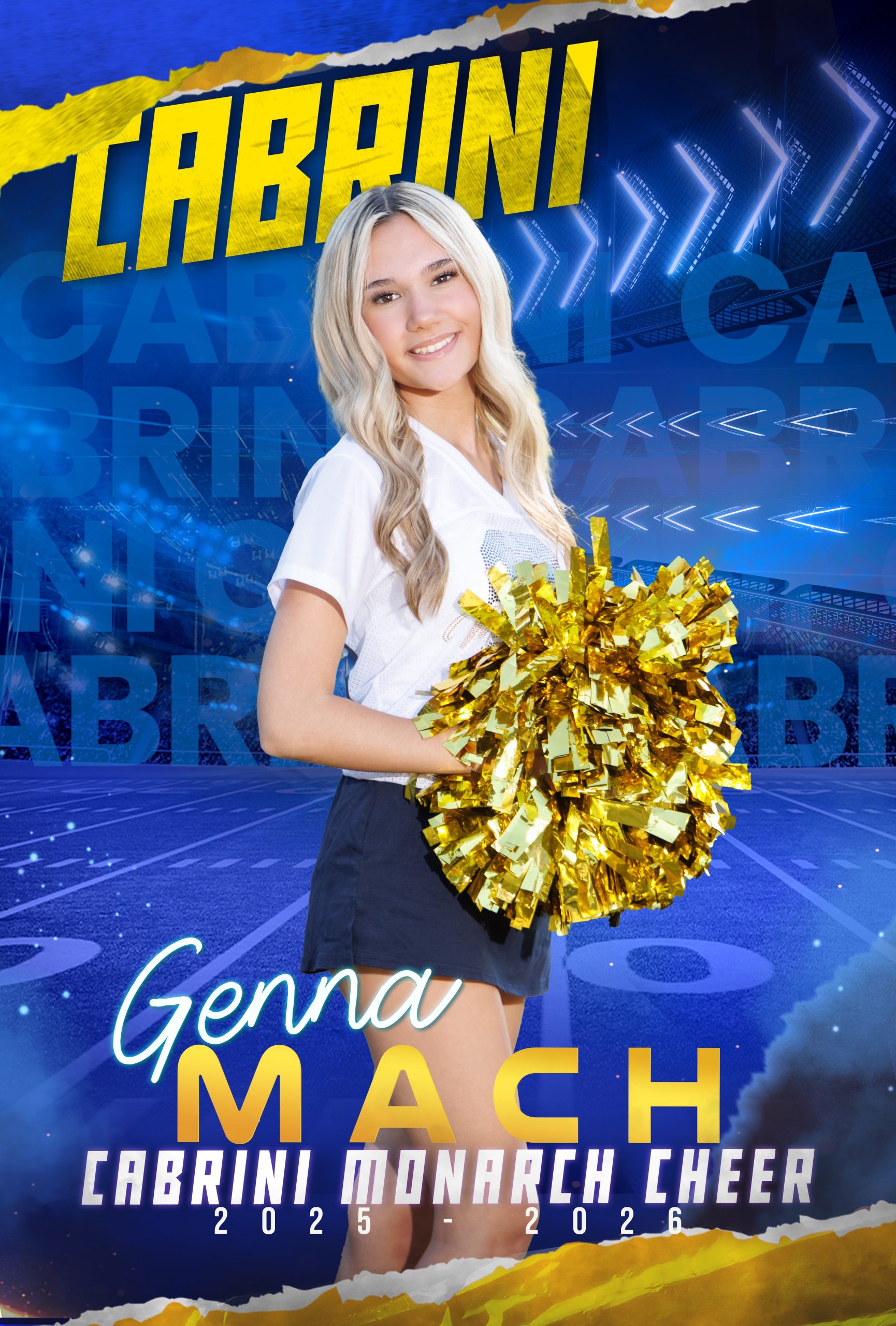 Genna Mach, Cabrini Monarch Cheerleader, holding gold pom-poms during sideline performance