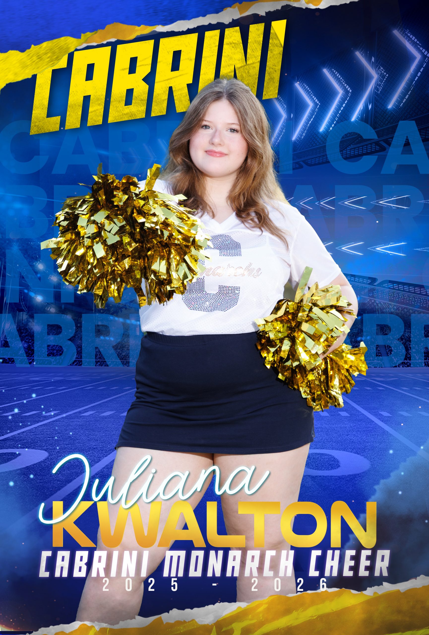 Genna Mach, Cabrini Monarch Cheerleader, holding gold pom-poms during sideline performance