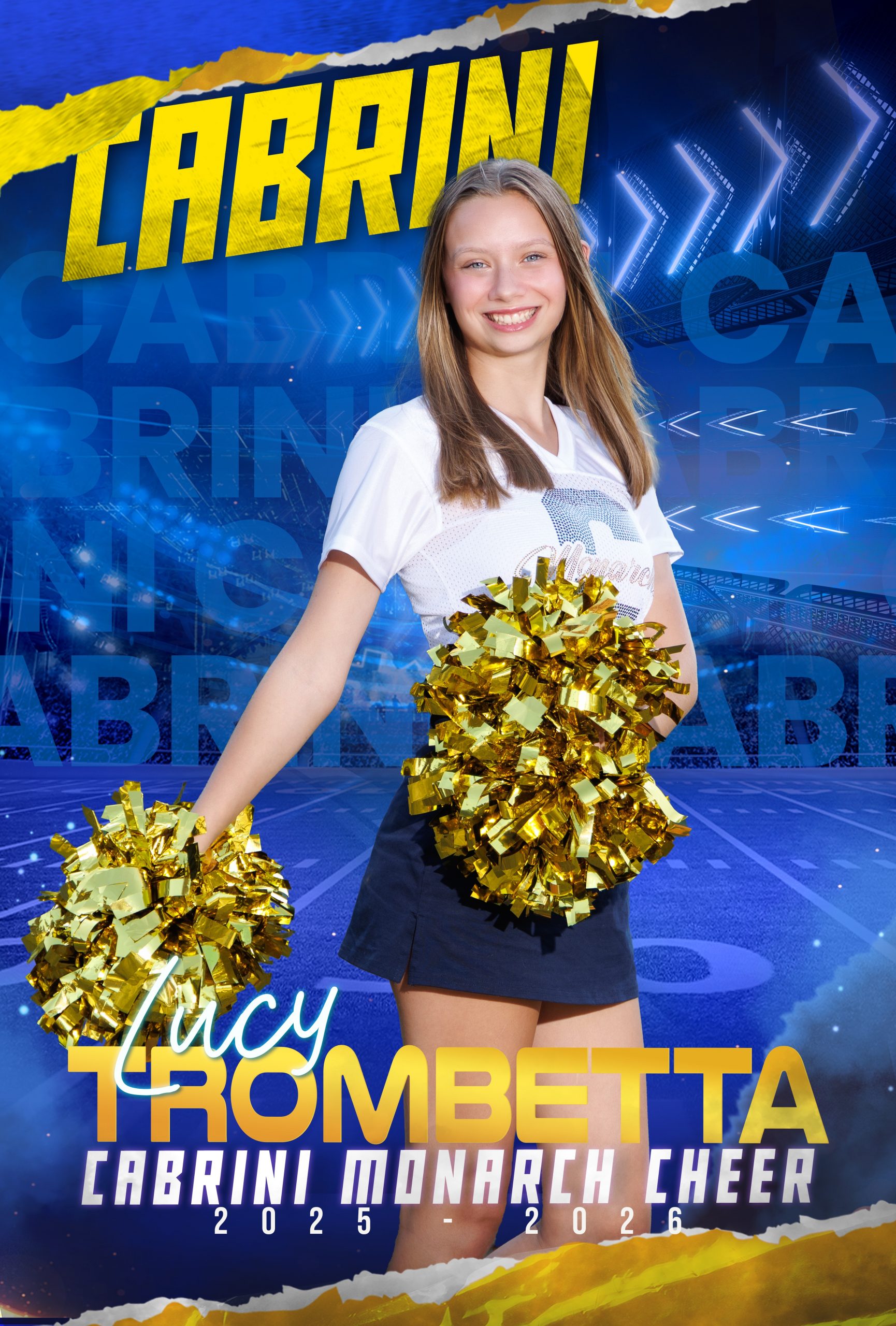 Genna Mach, Cabrini Monarch Cheerleader, holding gold pom-poms during sideline performance