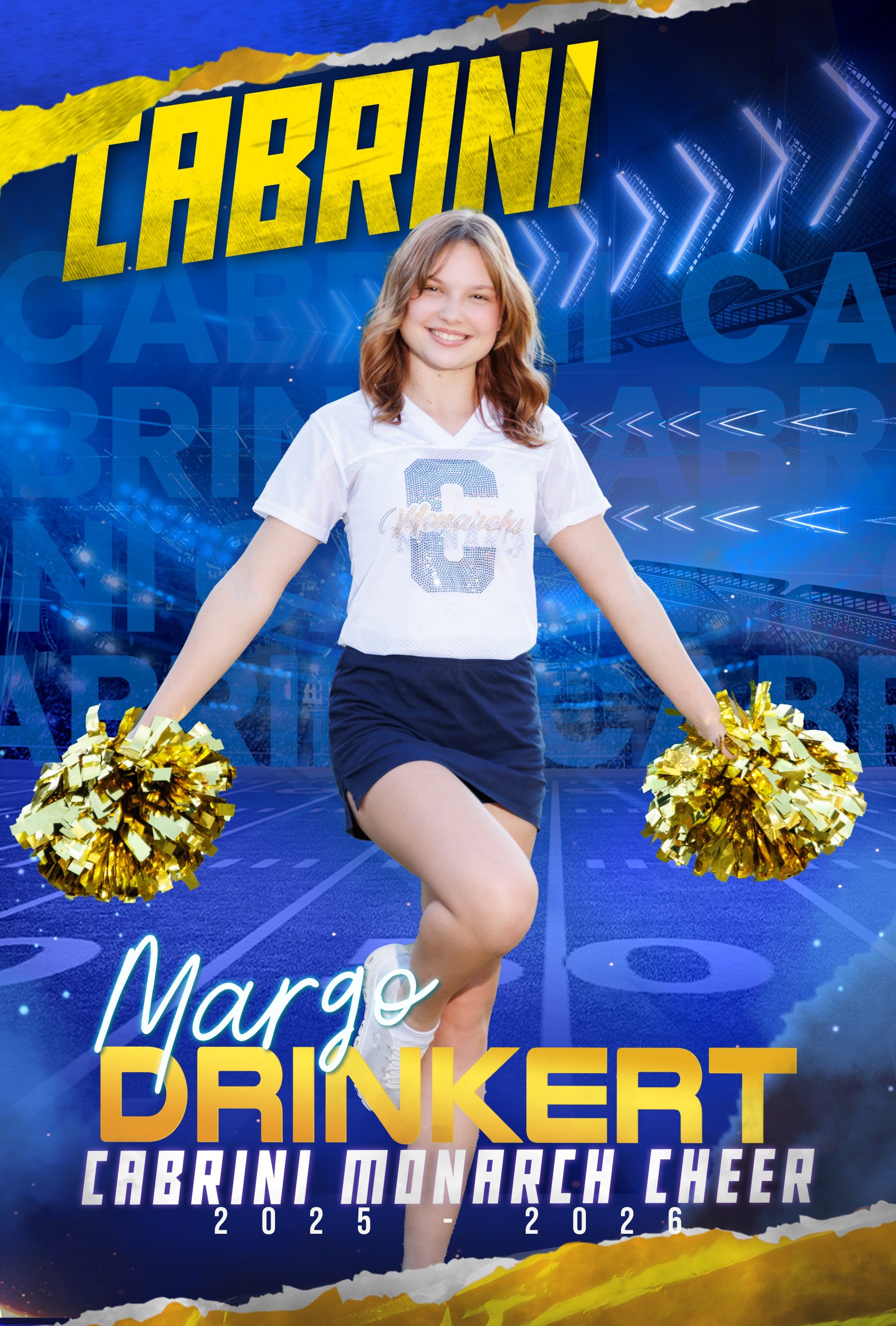 Genna Mach, Cabrini Monarch Cheerleader, holding gold pom-poms during sideline performance