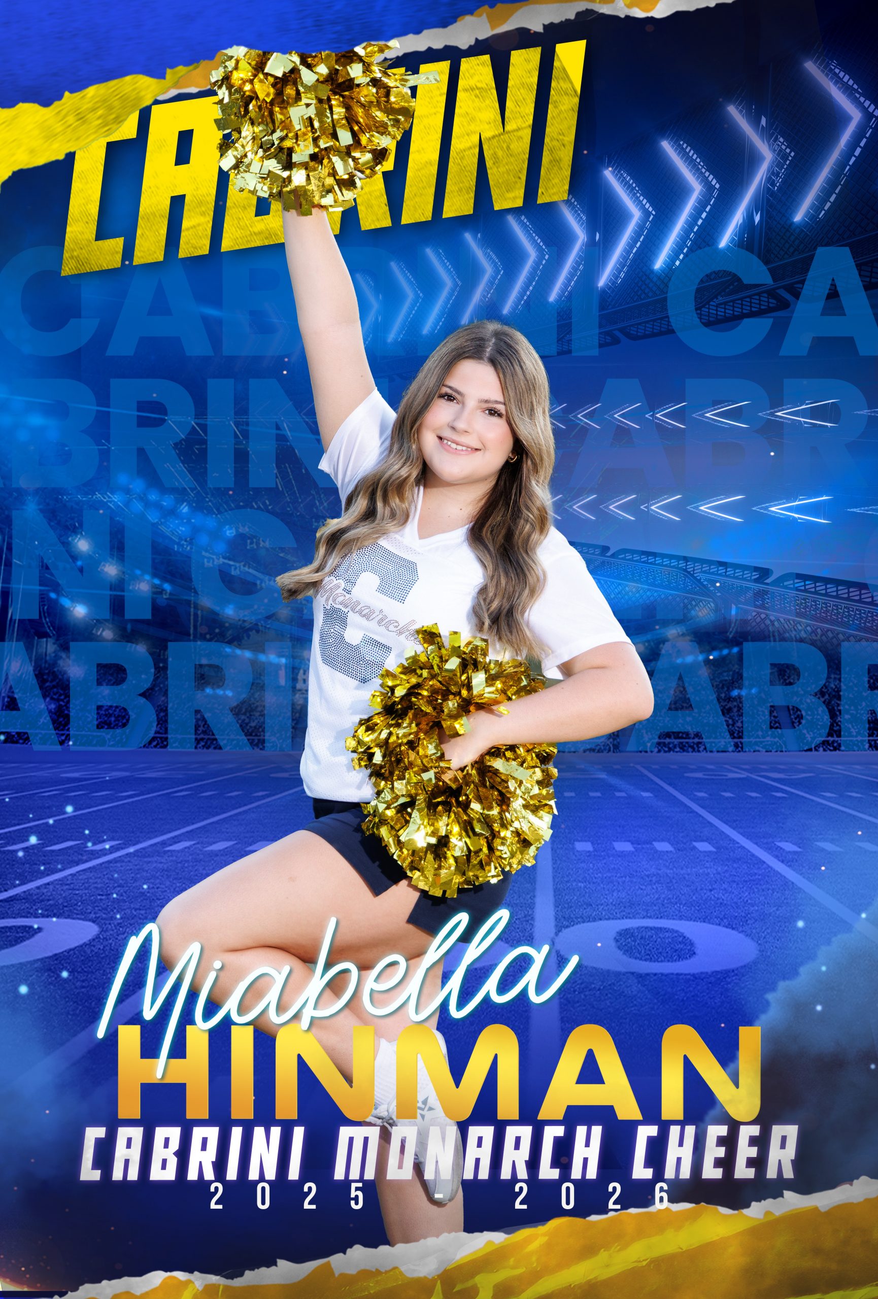 Genna Mach, Cabrini Monarch Cheerleader, holding gold pom-poms during sideline performance