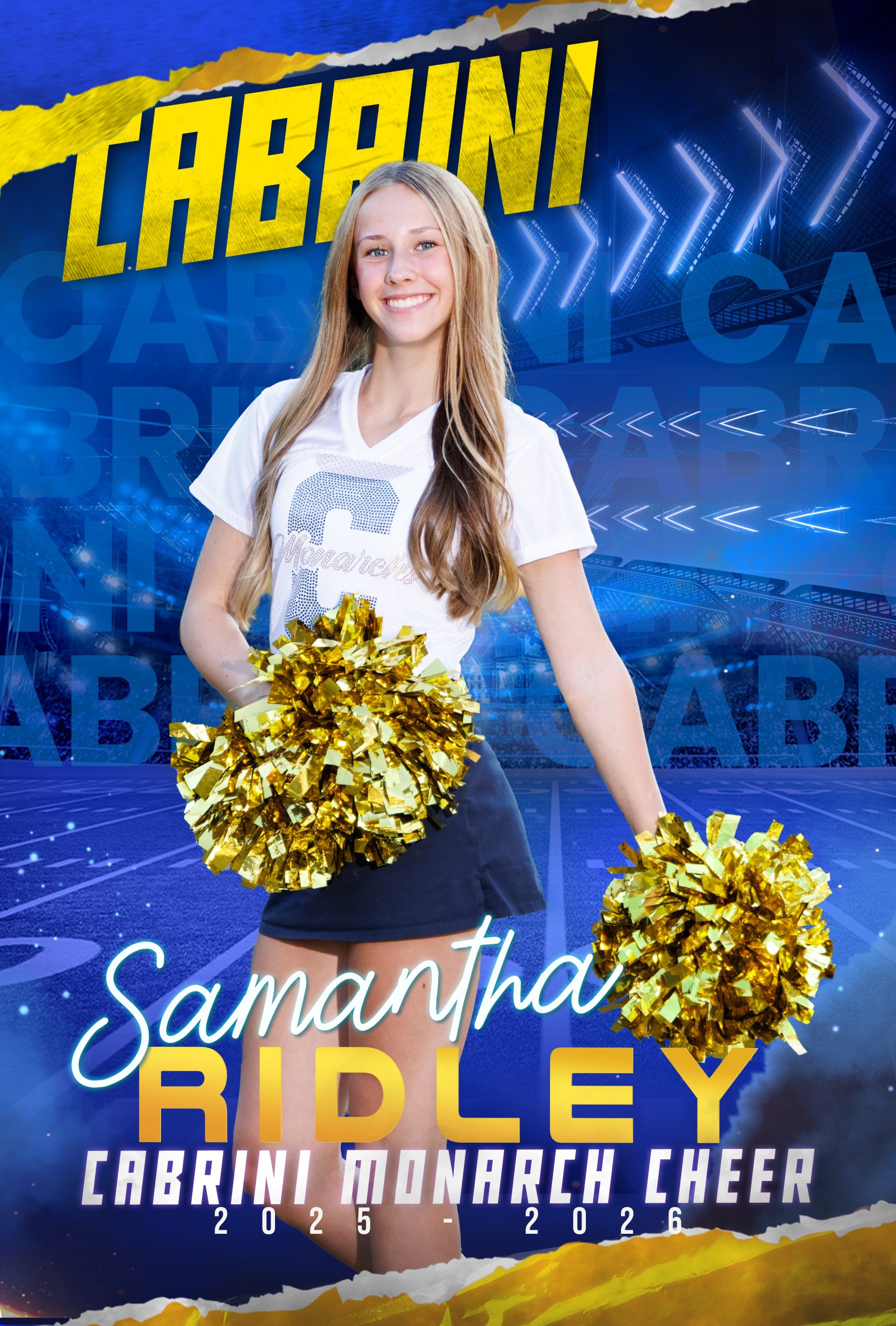 Genna Mach, Cabrini Monarch Cheerleader, holding gold pom-poms during sideline performance
