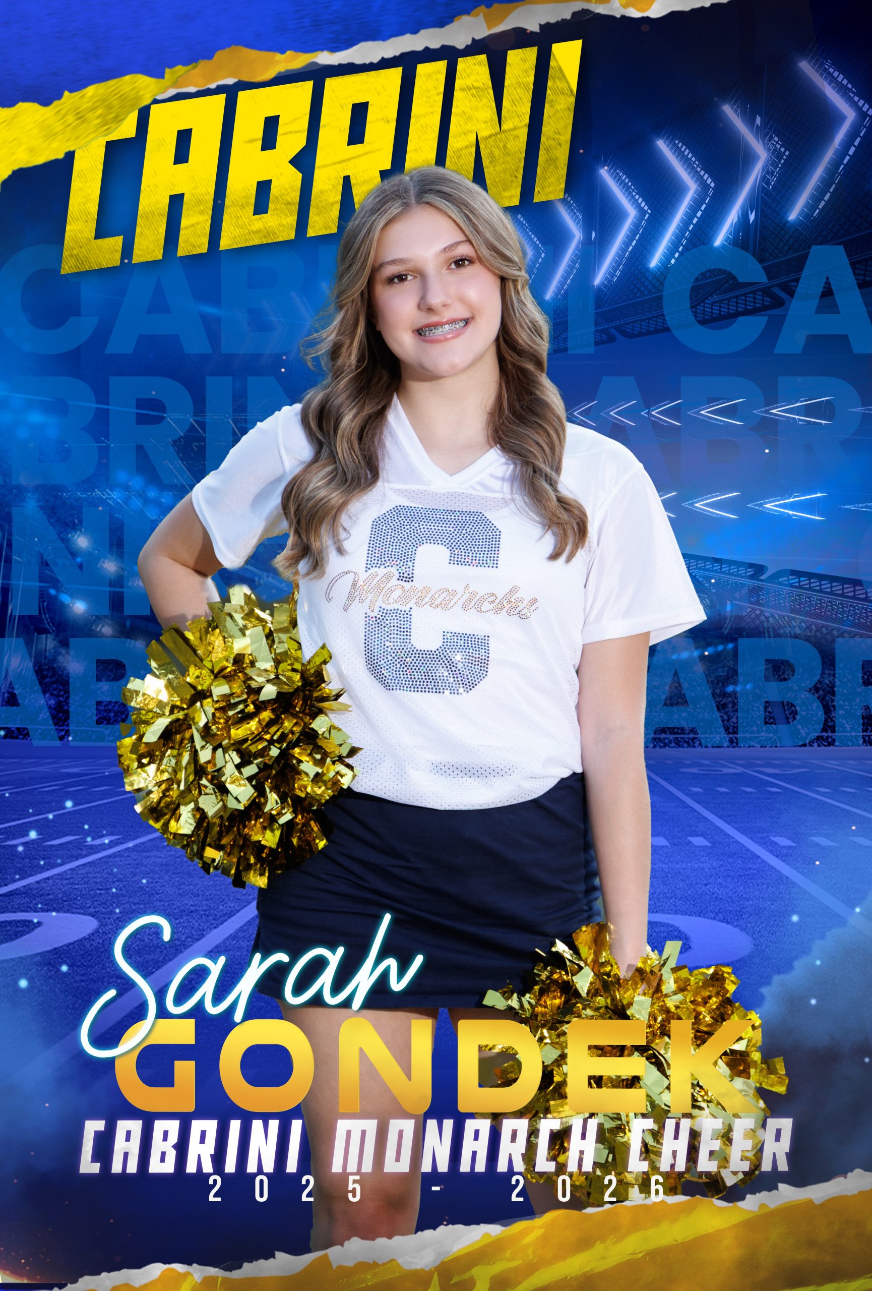 Genna Mach, Cabrini Monarch Cheerleader, holding gold pom-poms during sideline performance