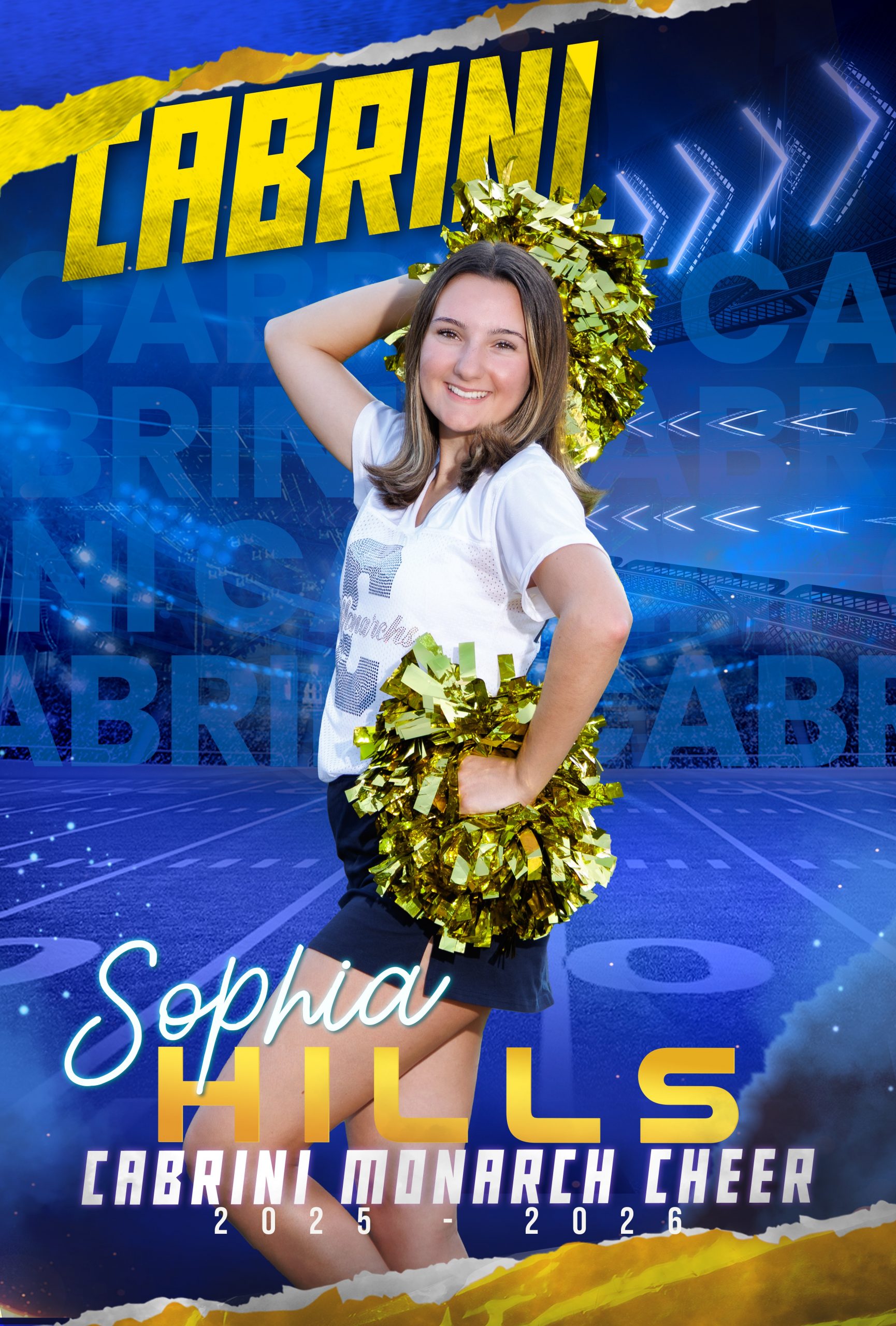Genna Mach, Cabrini Monarch Cheerleader, holding gold pom-poms during sideline performance