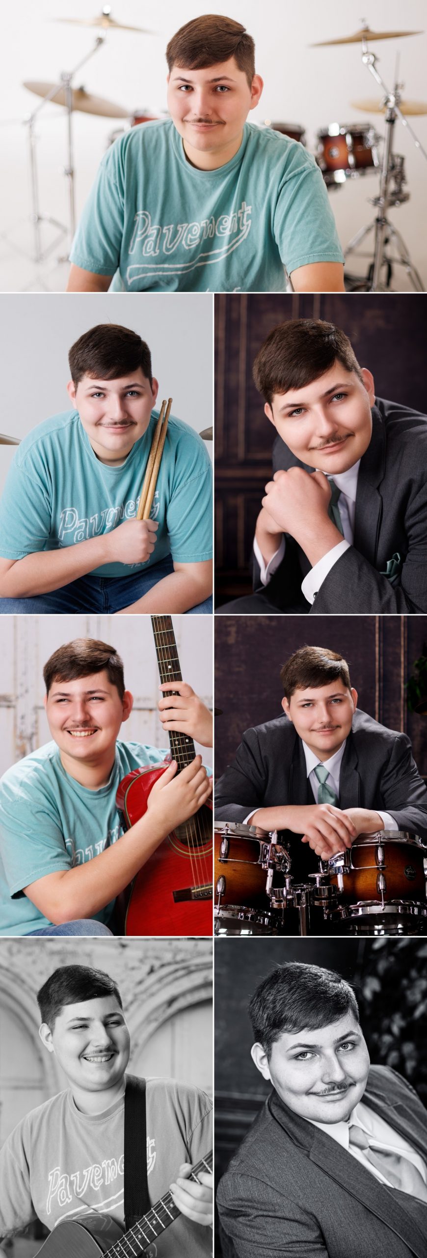 Dearborn Senior Drummer Photography Session photography storyboard collage featuring 7 photographs