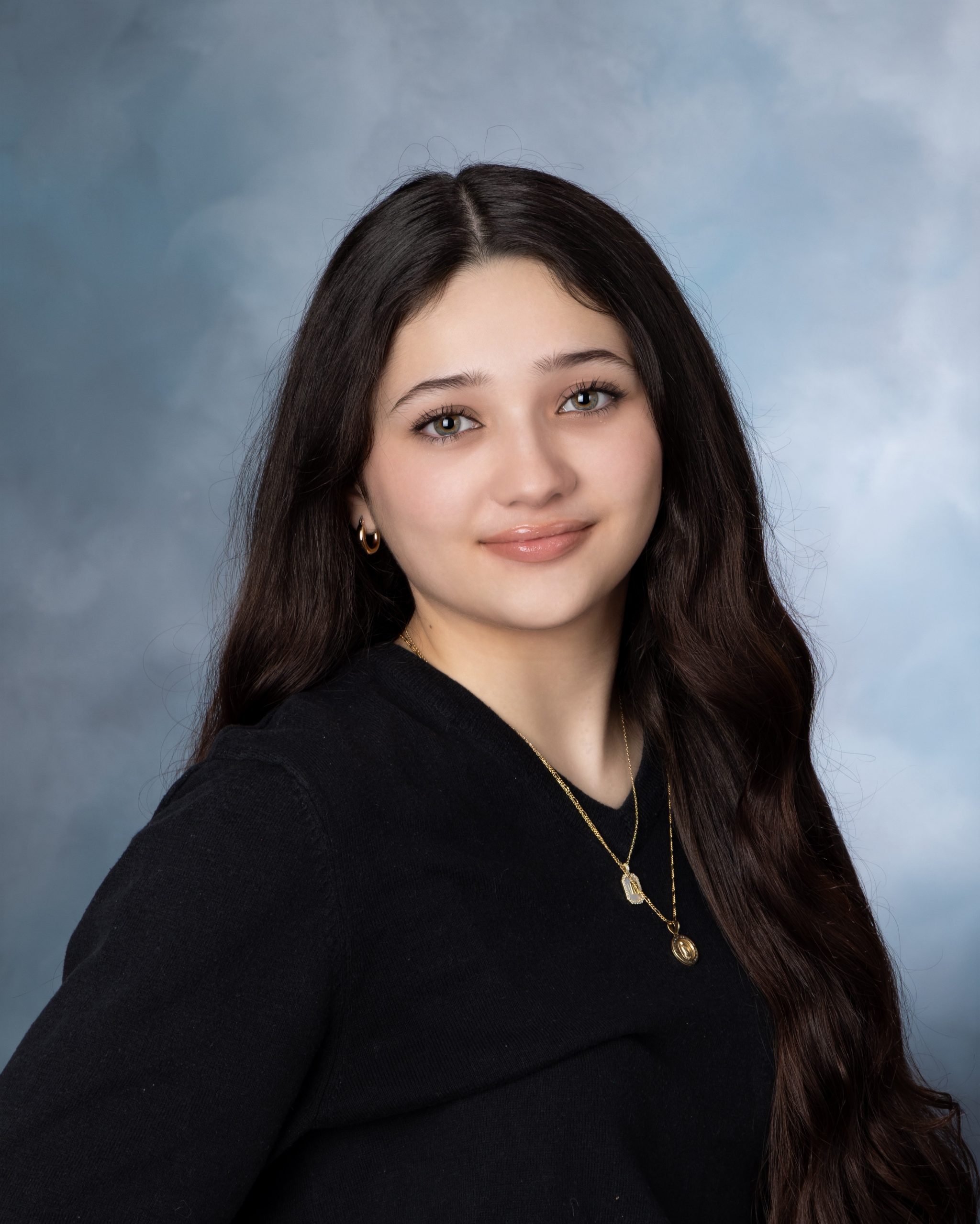 Classic senior headshot featuring a student in white blouse, Downriver photography session
