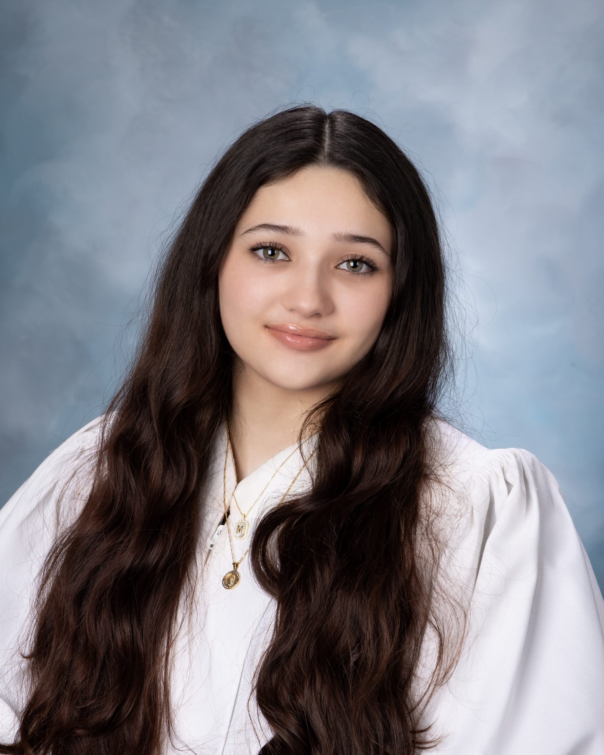 Classic senior headshot featuring a student in white blouse, Downriver photography session