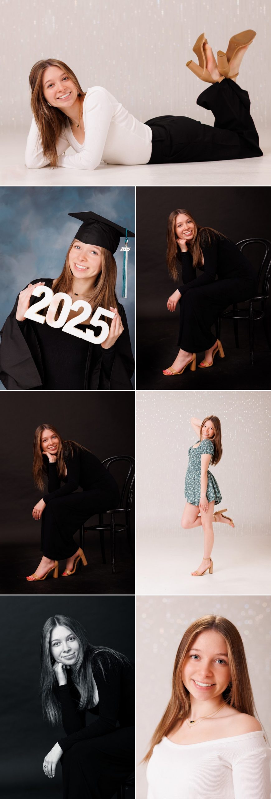 Homeschool Senior Graduation Photos - Downriver Studio Session photography storyboard collage featuring 7 photographs