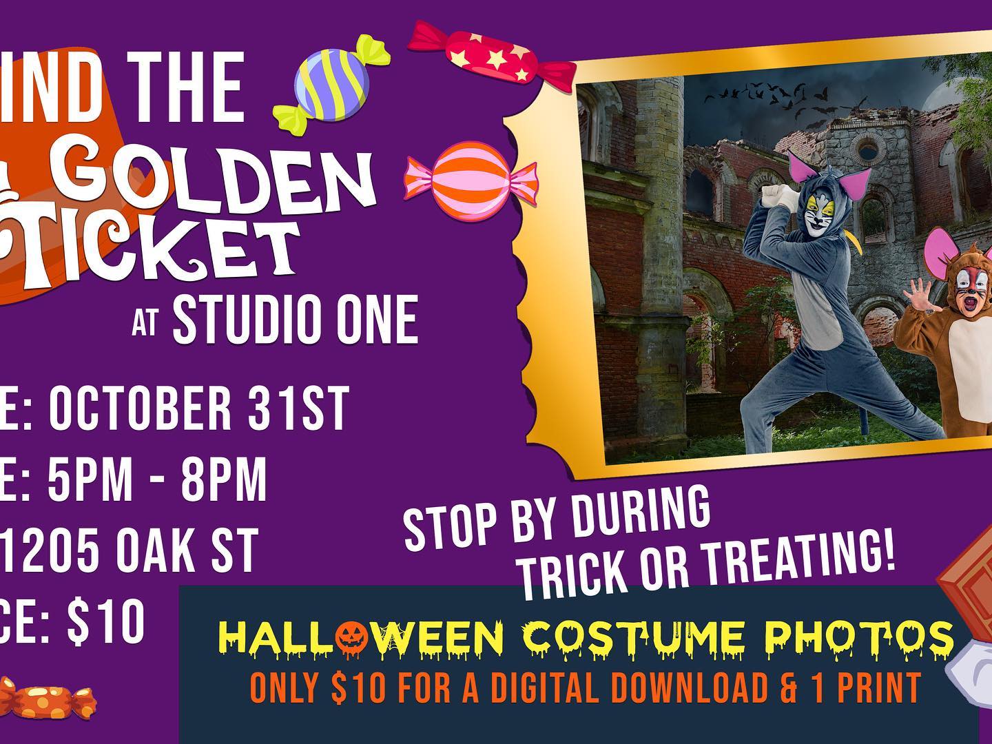 Getting ready for our Halloween Event on October 31st 5-8pm ! Stop by on your route at Studio ONE to find the GOLDEN TICKET and get a portrait of your whole spooky crew! — image 3 of 3