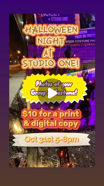 HALLOWEEN NIGHT 5-8pm stop on on your route of trick or treating for a group photo in your costumes at Studio ONE! $10 for a print & digital download . See you tomorrow!