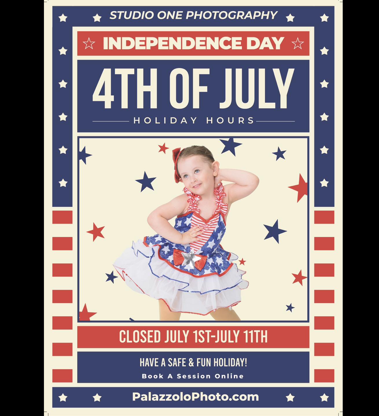 Studio One Holiday Hours --Closed July 1st-July 11th--- Have a Happy 4th of July !! Book a Senior Session Online at www.palazzolophoto.com