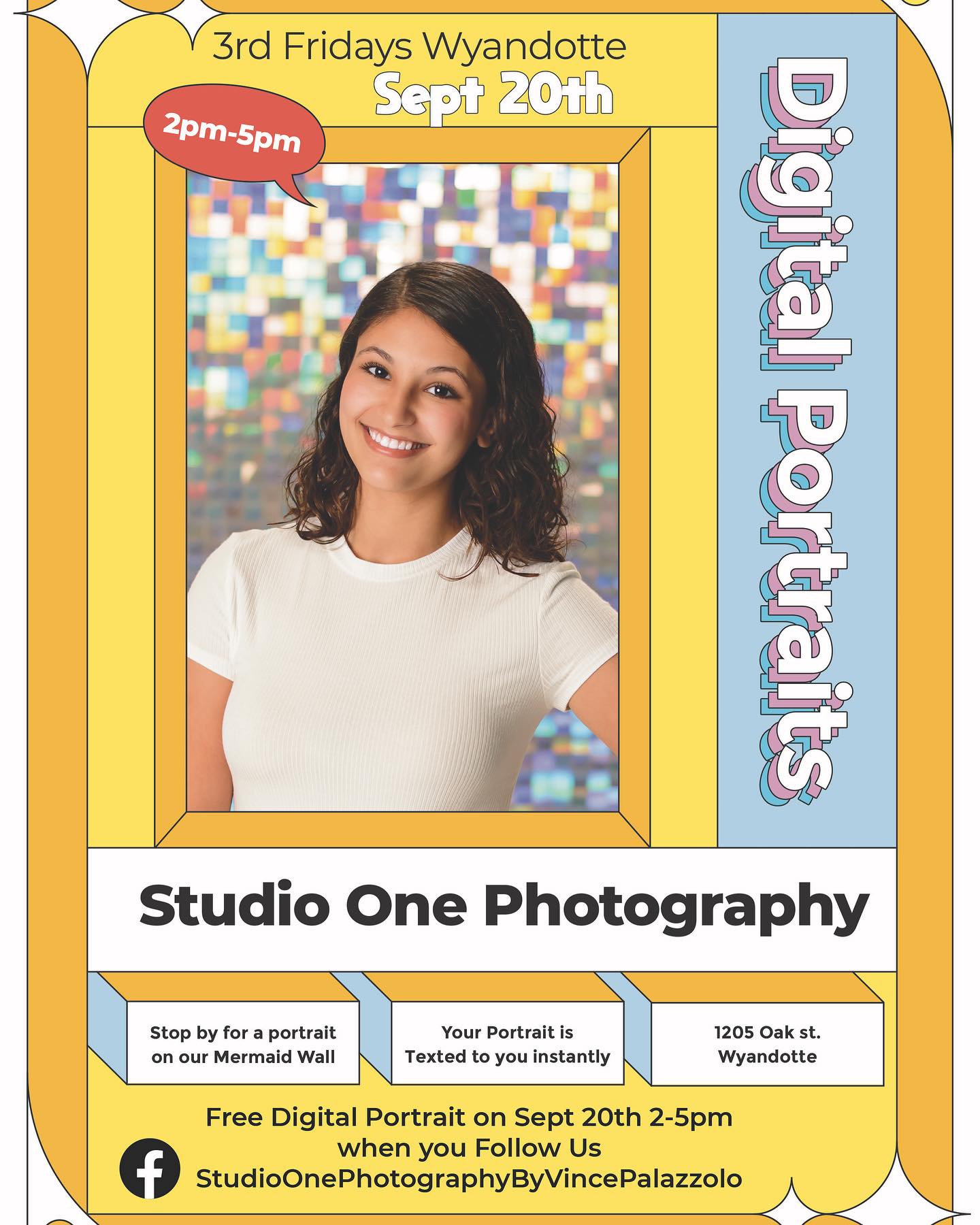 Our event for 3rd Fridays in Wyandotte with @shopthedotte ! Stop into the studio from 2pm-5pm on Friday Sept 20th for a FREE digital portrait on our new Mermaid Wall when you give us a follow on Facebook