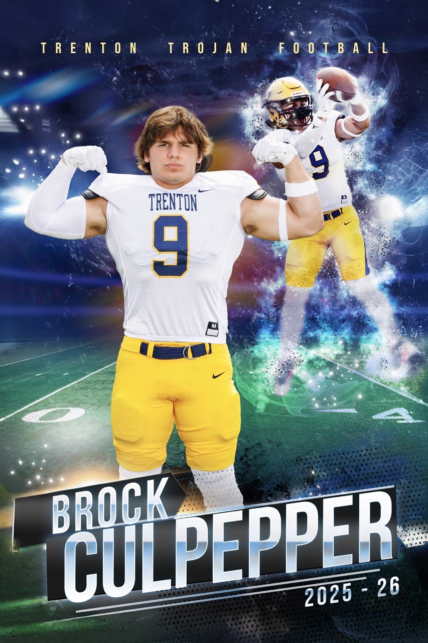 Brody Serrell, Trenton Trojan football player in jersey number 7, poses with arms outstretched on the field, alongside an action shot of him running during a game.