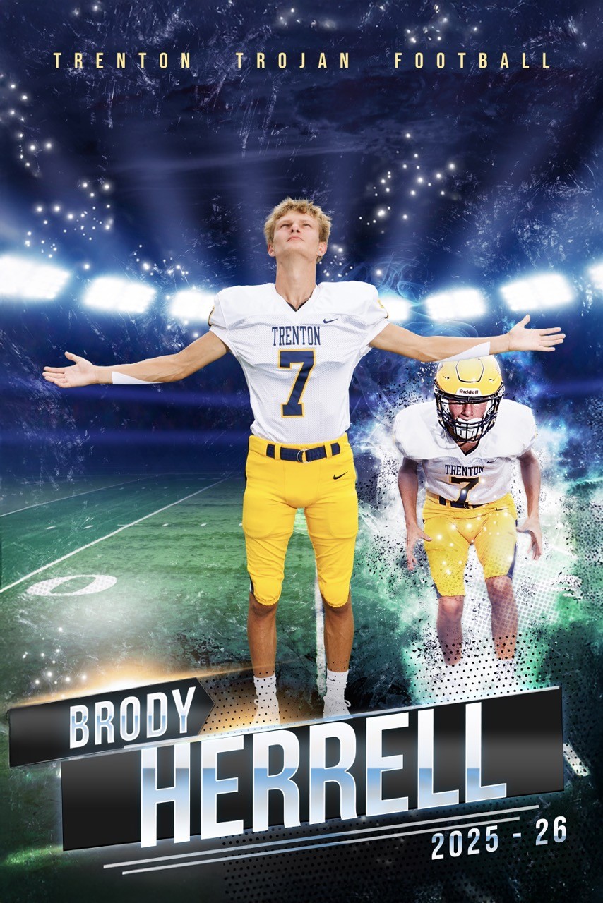 Noah Wolf, Trenton Trojan football player wearing jersey number 2, holds a Wilson football and helmet while standing confidently, with an action shot of another teammate in motion behind him.