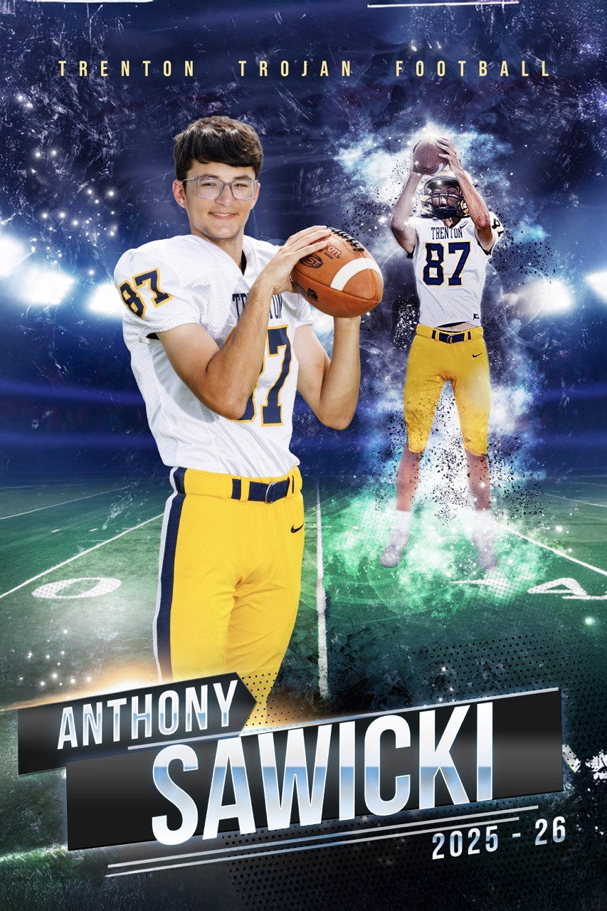 Noah Wolf, Trenton Trojan football player wearing jersey number 2, holds a Wilson football and helmet while standing confidently, with an action shot of another teammate in motion behind him.
