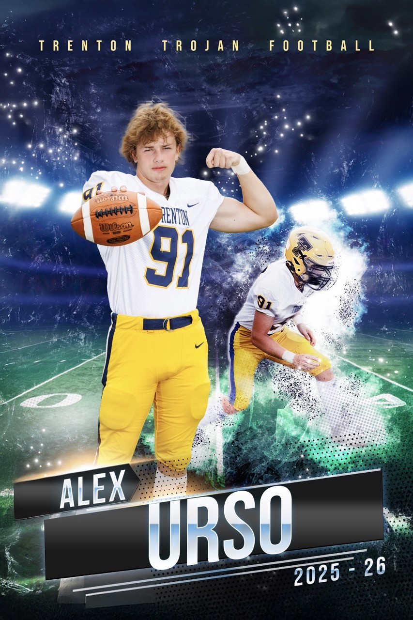 Noah Wolf, Trenton Trojan football player wearing jersey number 2, holds a Wilson football and helmet while standing confidently, with an action shot of another teammate in motion behind him.