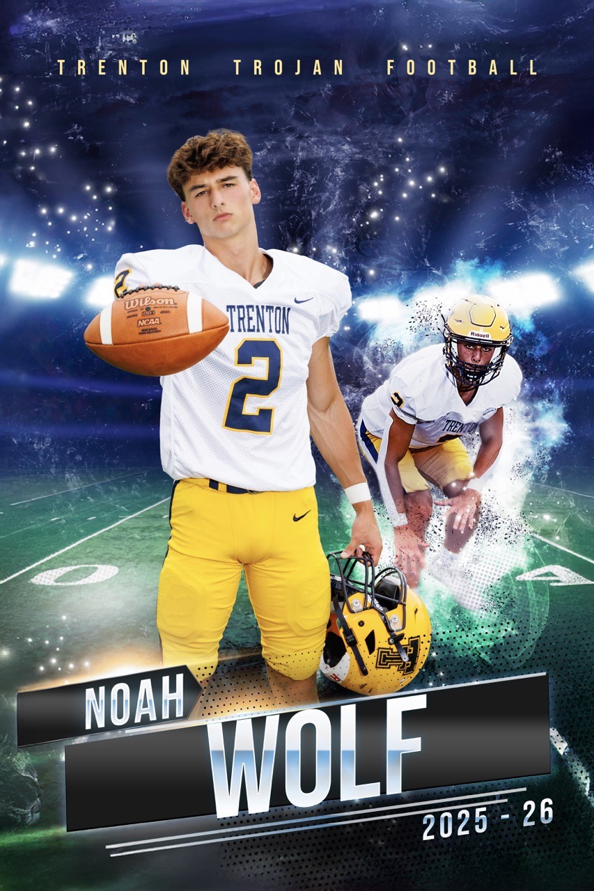 Noah Wolf, Trenton Trojan football player wearing jersey number 2, holds a Wilson football and helmet while standing confidently, with an action shot of another teammate in motion behind him.