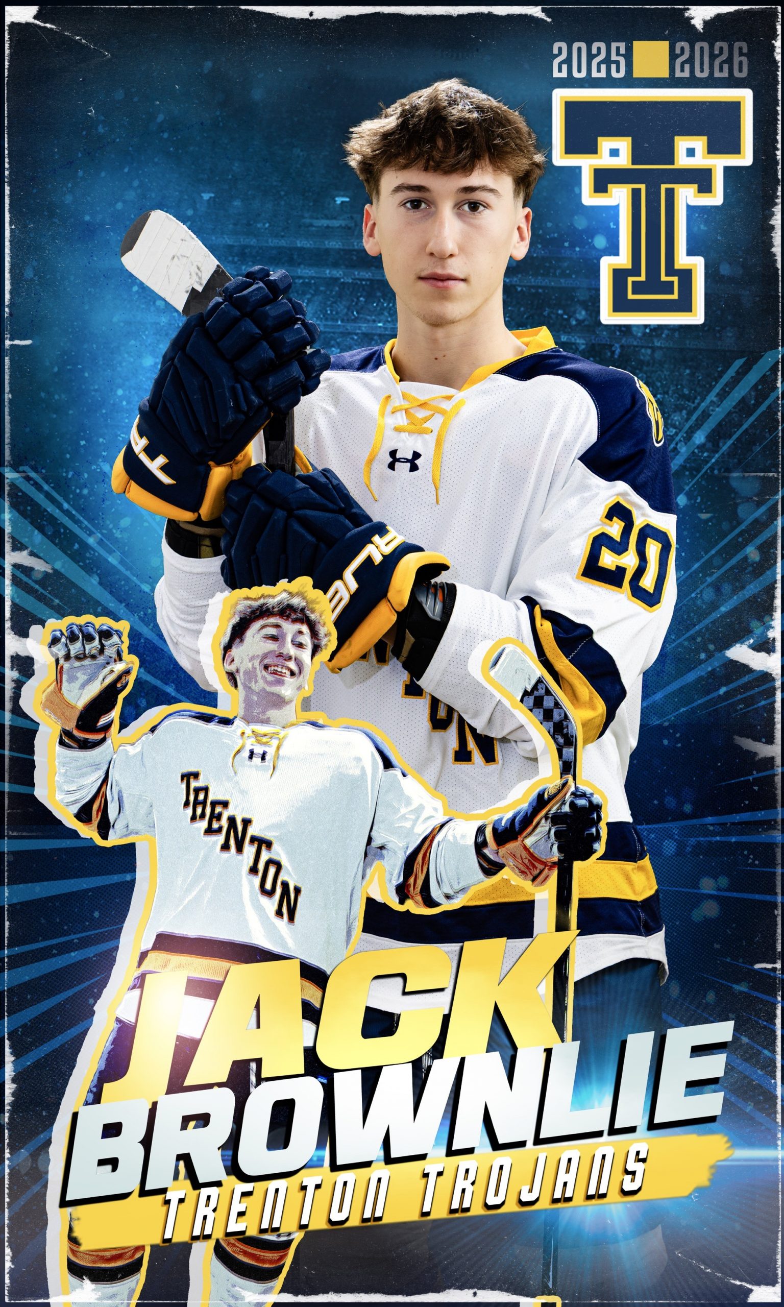 Trenton Trojans hockey player Devon Murray in white and navy jersey holding stick, 2025-2026 season banner portrait