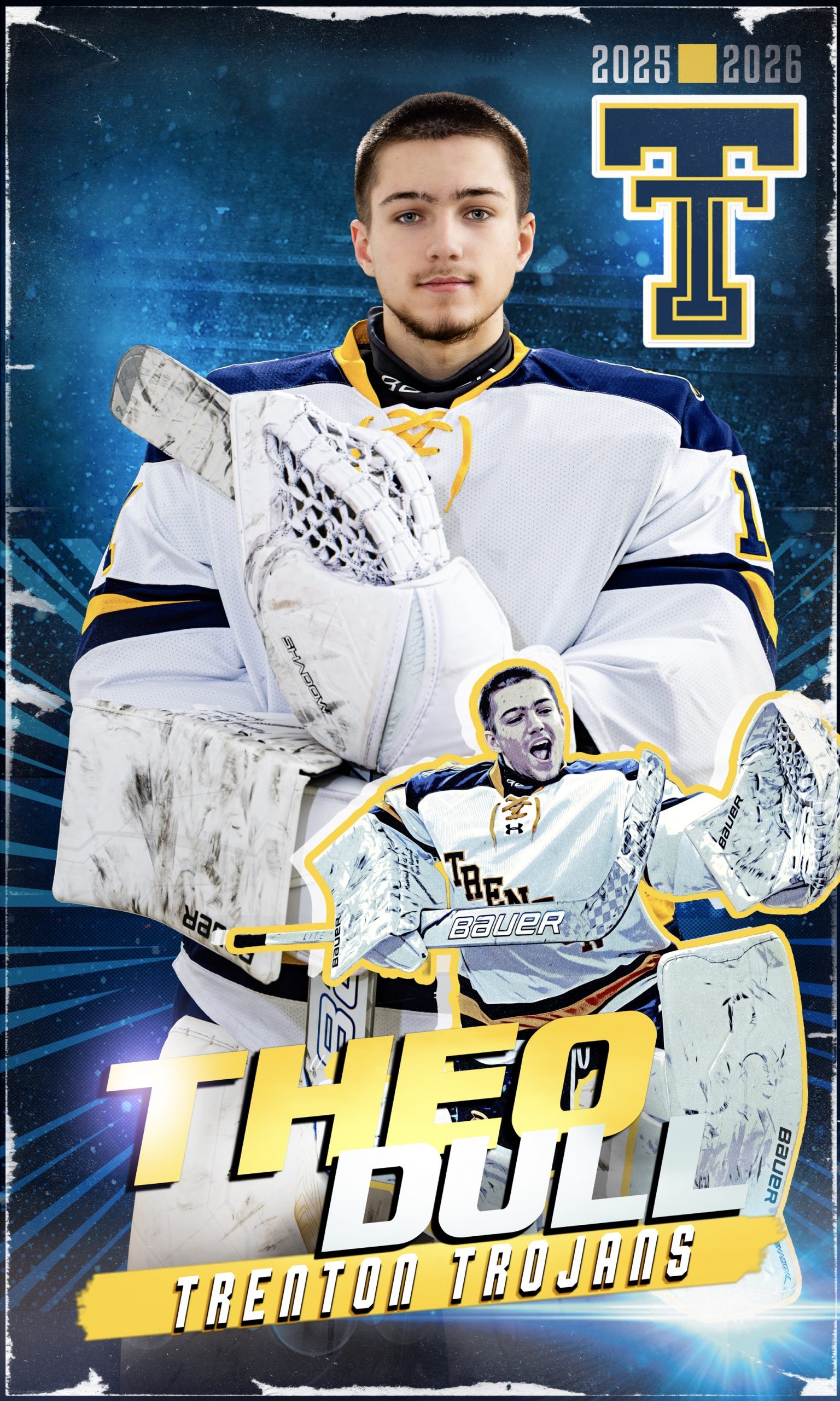 Trenton Trojans hockey player Devon Murray in white and navy jersey holding stick, 2025-2026 season banner portrait