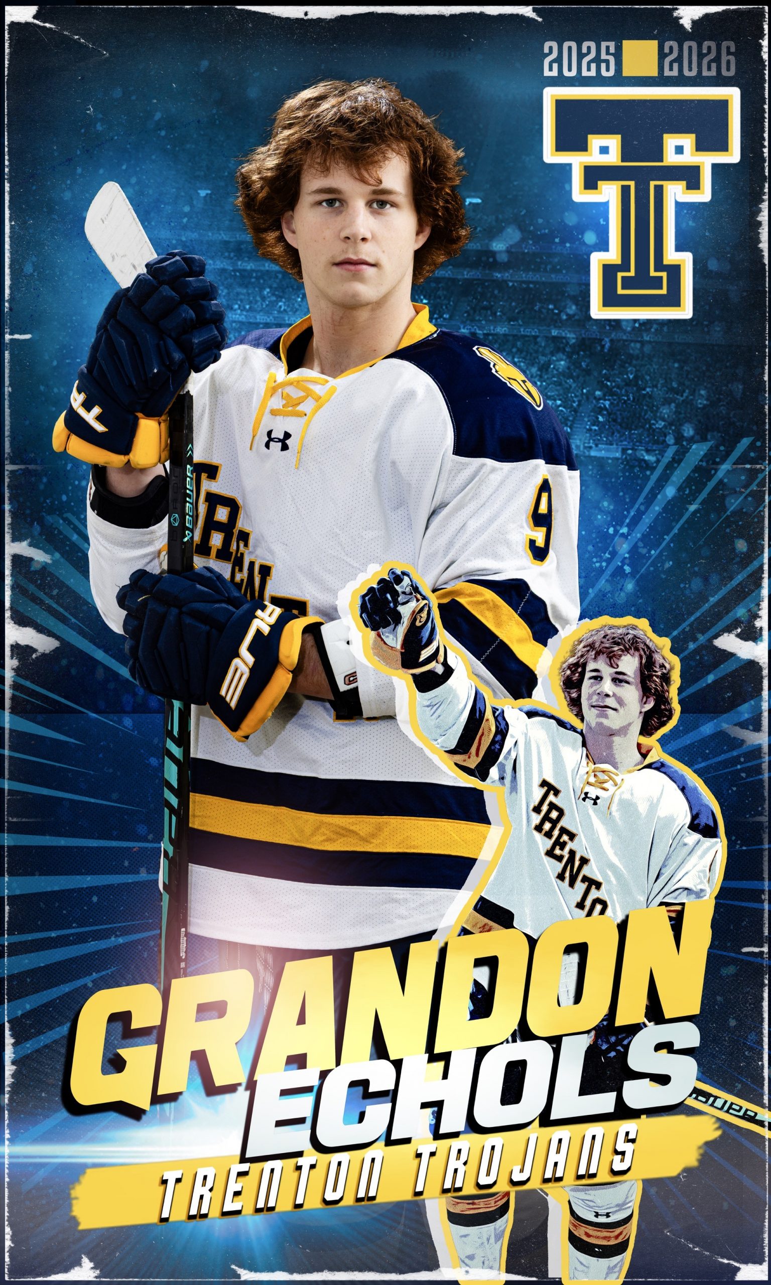 Trenton Trojans hockey player Devon Murray in white and navy jersey holding stick, 2025-2026 season banner portrait