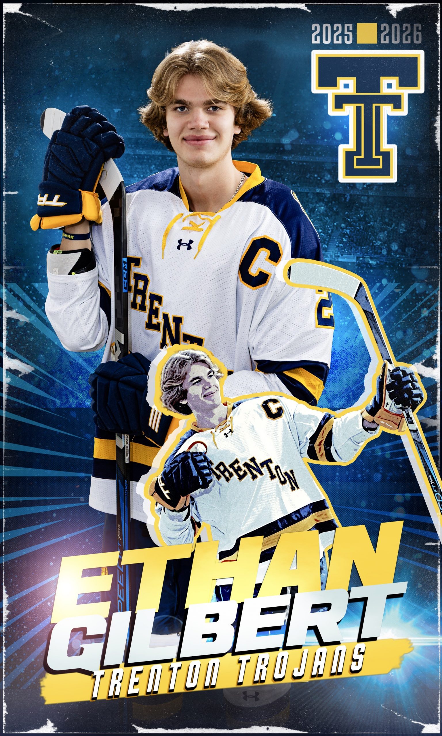 Trenton Trojans hockey player Devon Murray in white and navy jersey holding stick, 2025-2026 season banner portrait