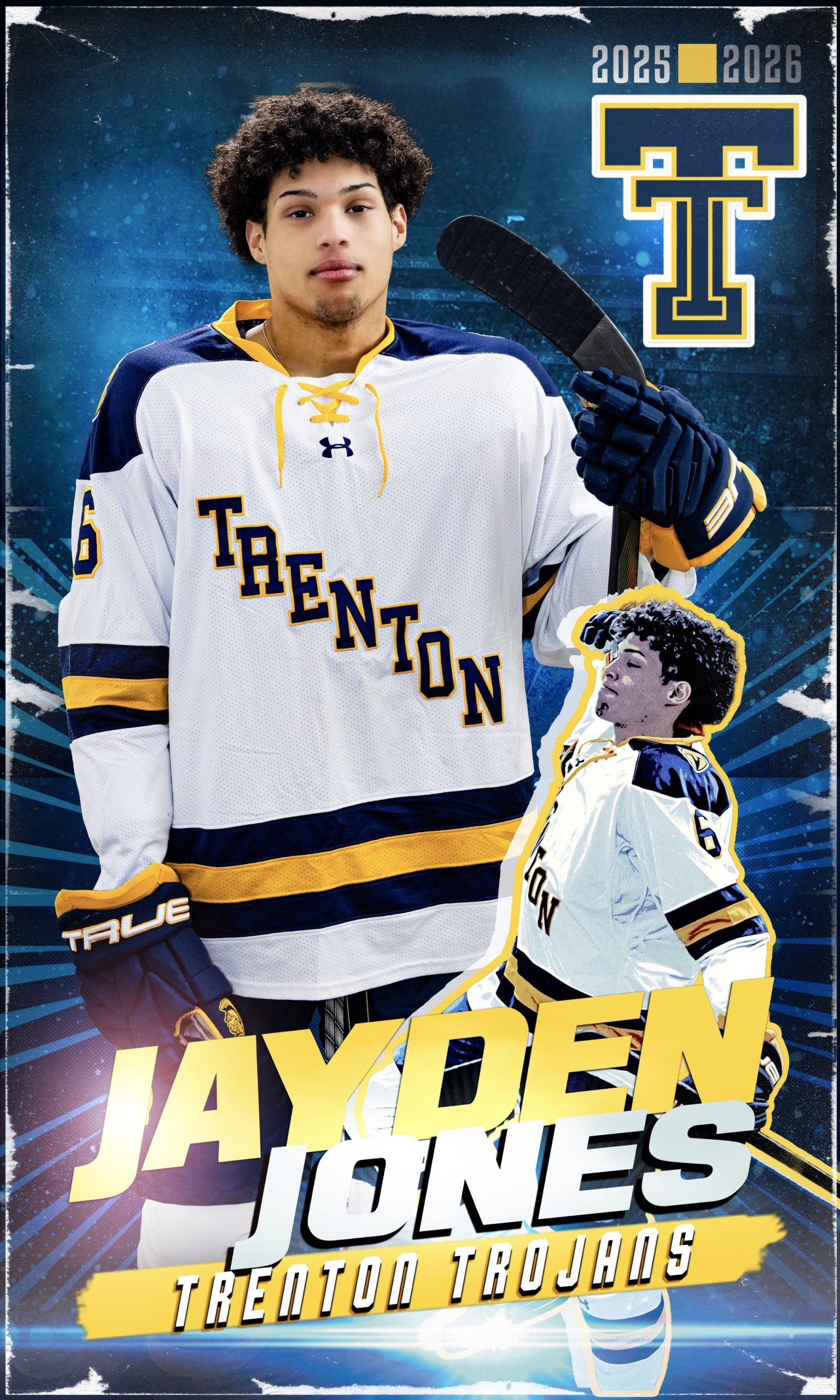 Trenton Trojans hockey player Devon Murray in white and navy jersey holding stick, 2025-2026 season banner portrait