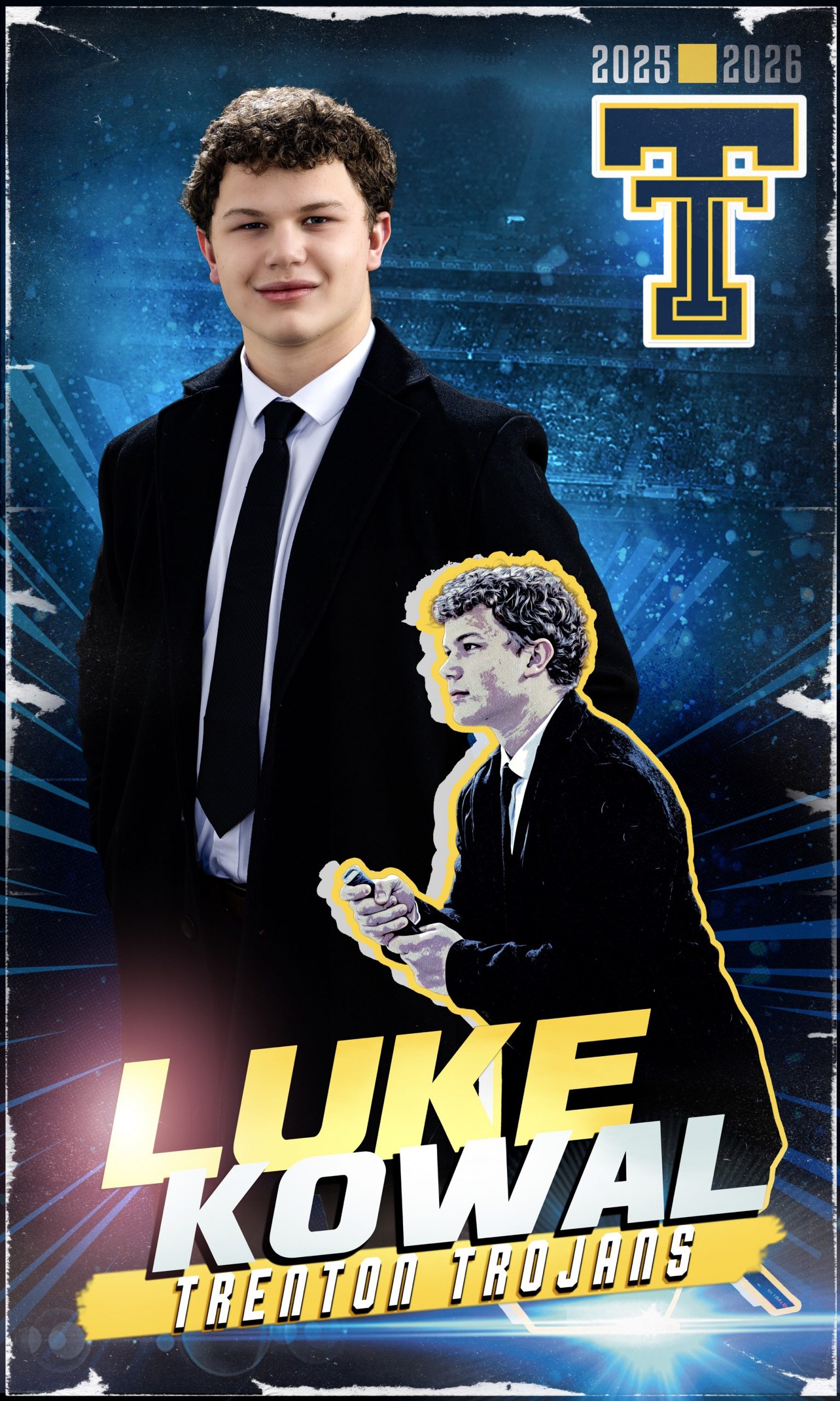 Trenton Trojans hockey player Devon Murray in white and navy jersey holding stick, 2025-2026 season banner portrait