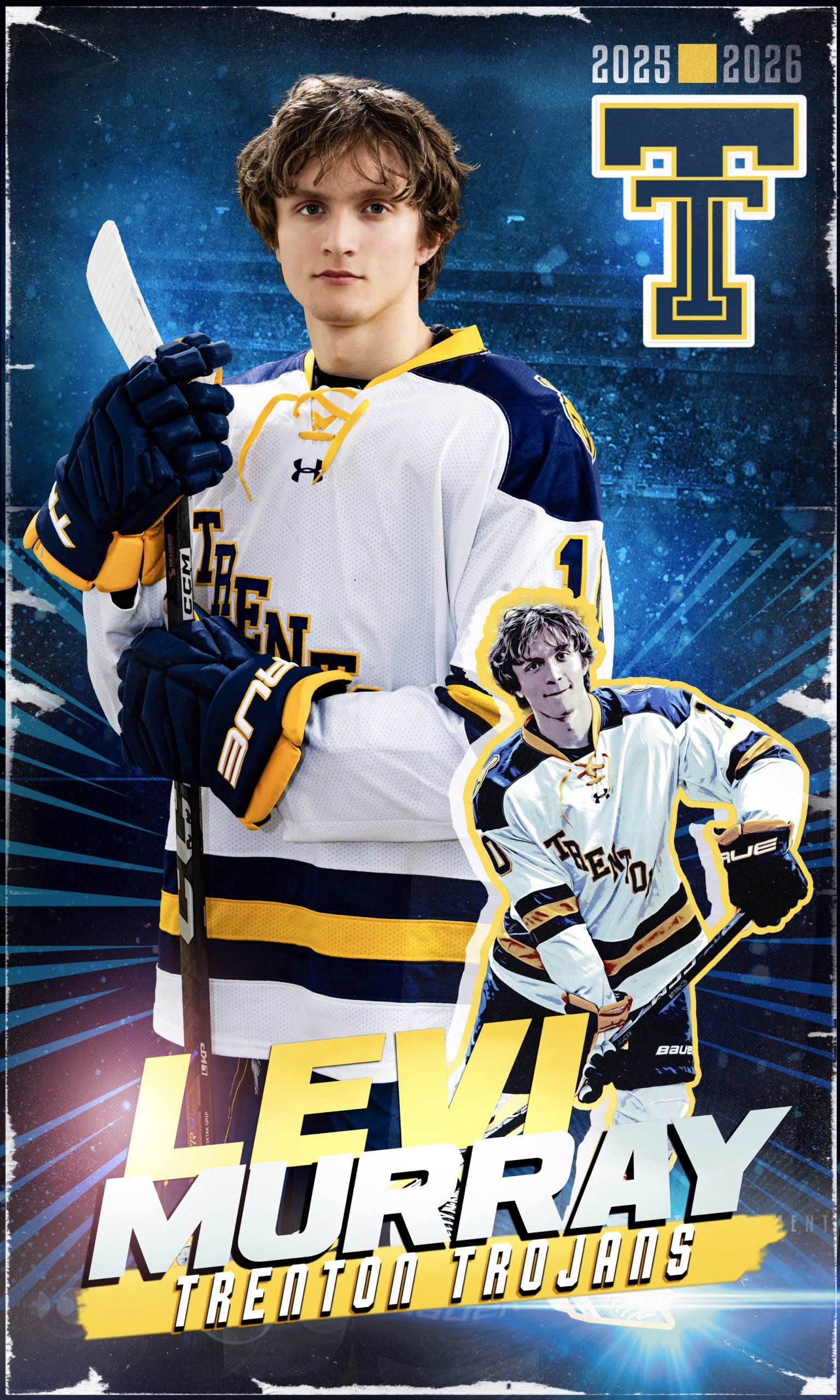 Trenton Trojans hockey player Devon Murray in white and navy jersey holding stick, 2025-2026 season banner portrait