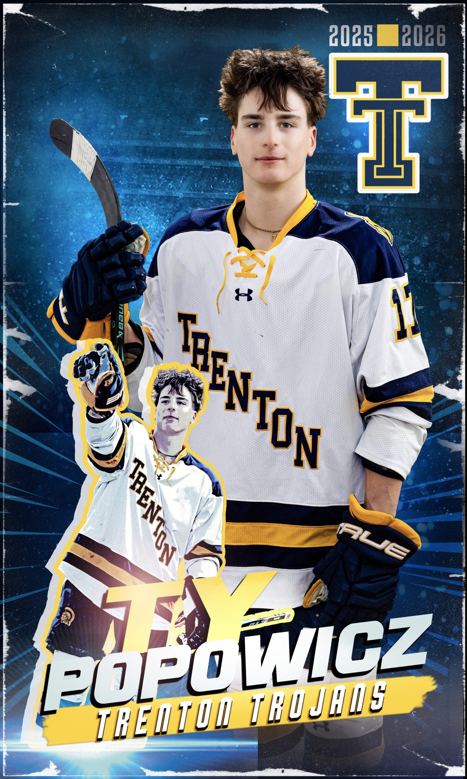Trenton Trojans hockey player Devon Murray in white and navy jersey holding stick, 2025-2026 season banner portrait