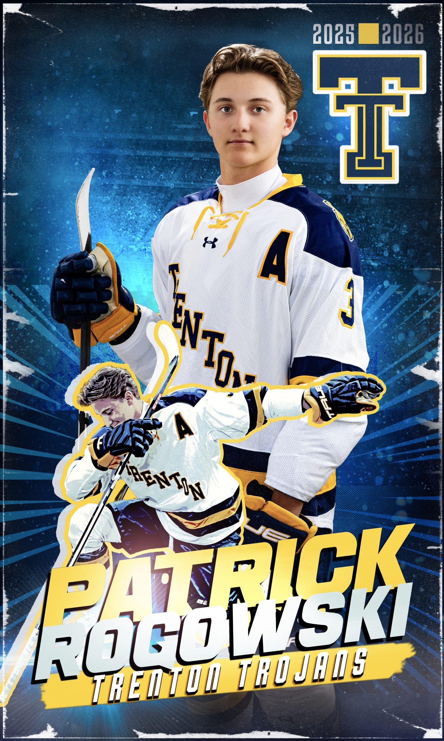 Trenton Trojans hockey player Devon Murray in white and navy jersey holding stick, 2025-2026 season banner portrait