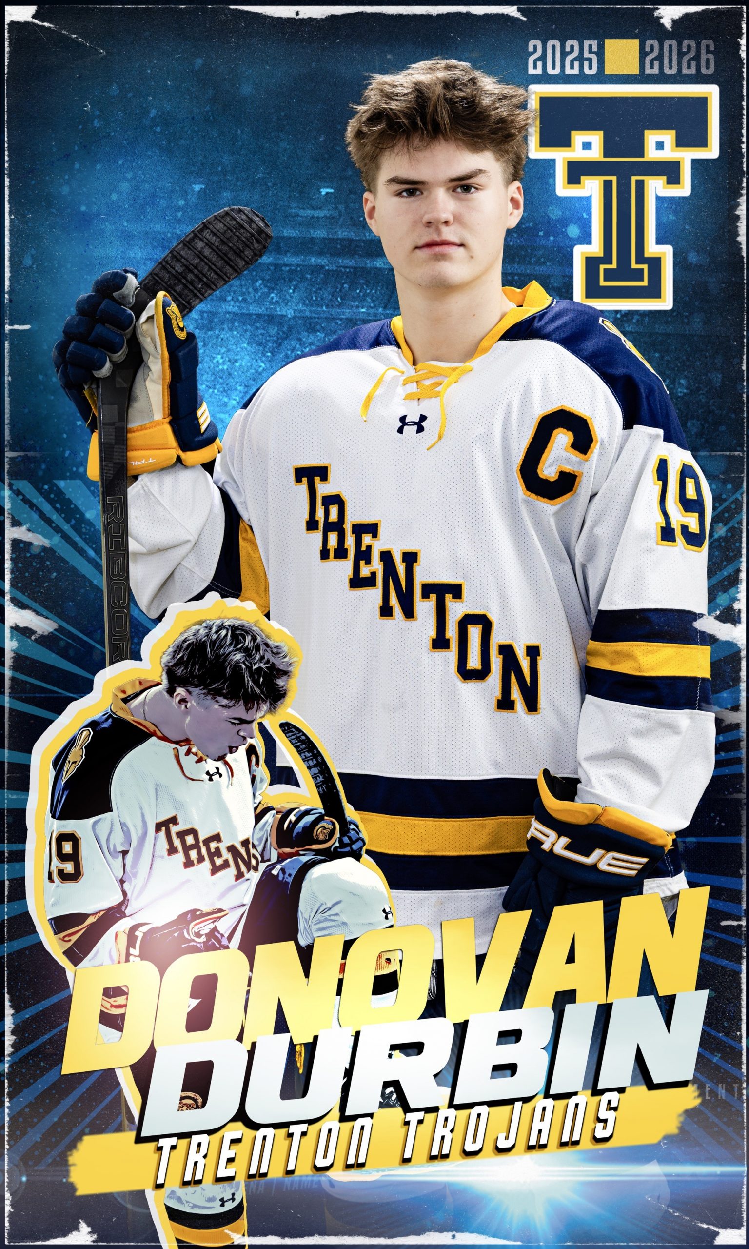Trenton Trojans hockey player Devon Murray in white and navy jersey holding stick, 2025-2026 season banner portrait
