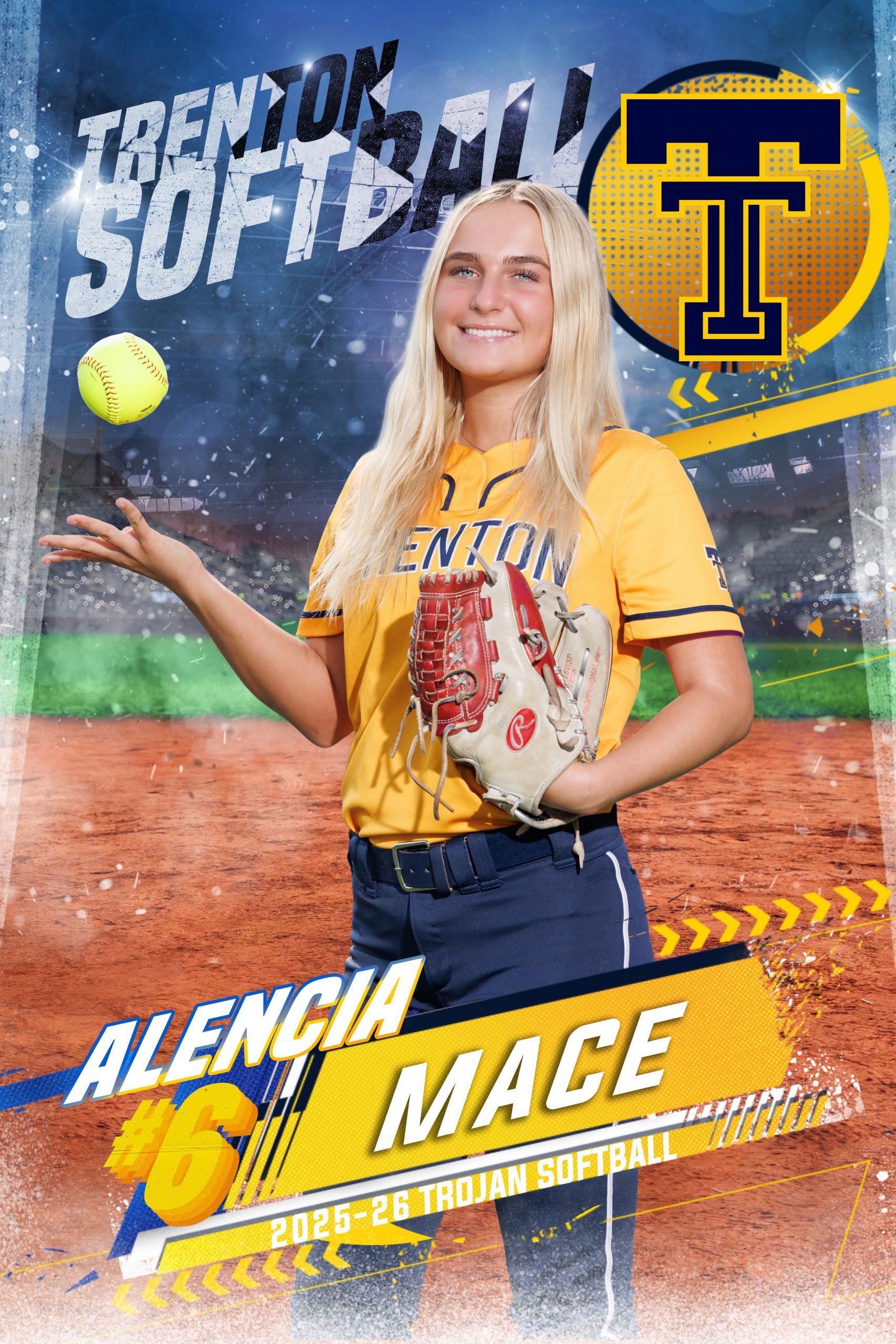 Trenton Softball player Nacey Ryzniar in yellow jersey and navy pants throwing a softball with glove for school team banners