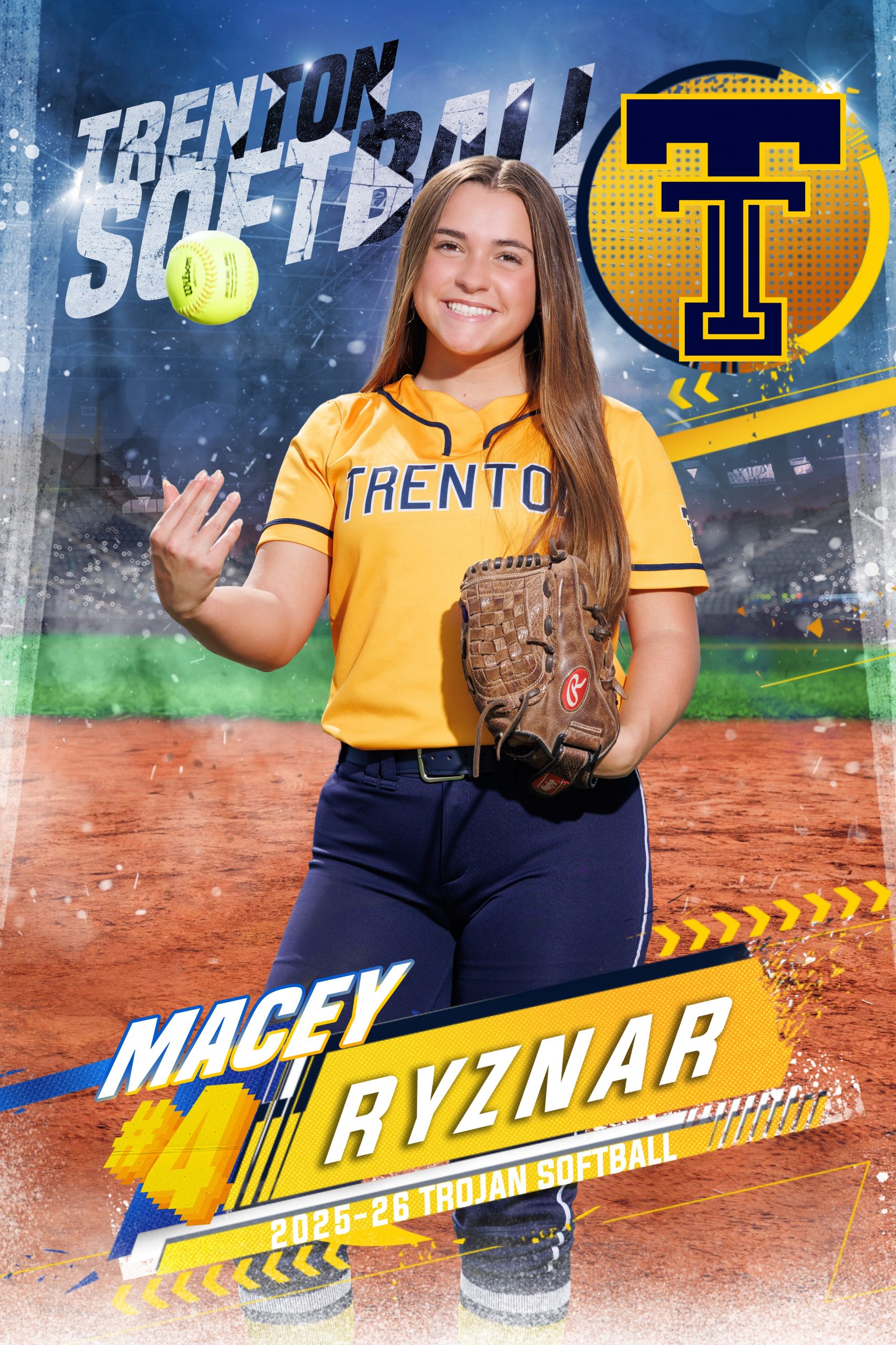 Trenton Softball player Nacey Ryzniar in yellow jersey and navy pants throwing a softball with glove for school team banners