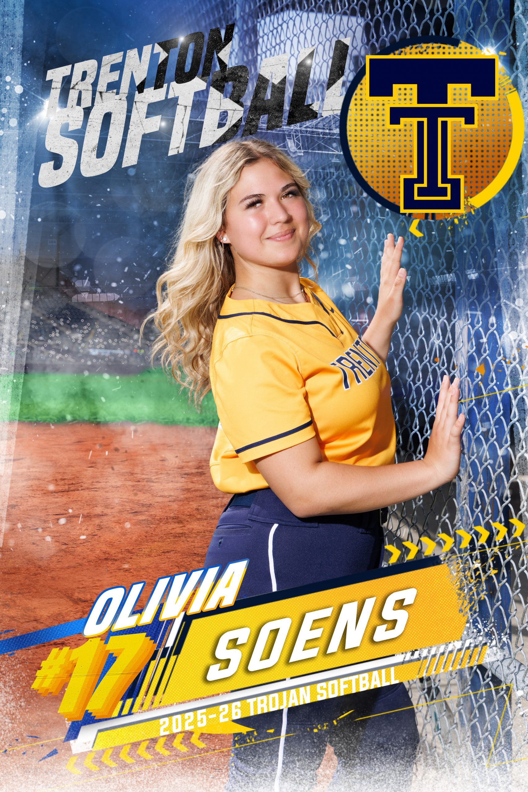Trenton Softball player Nacey Ryzniar in yellow jersey and navy pants throwing a softball with glove for school team banners