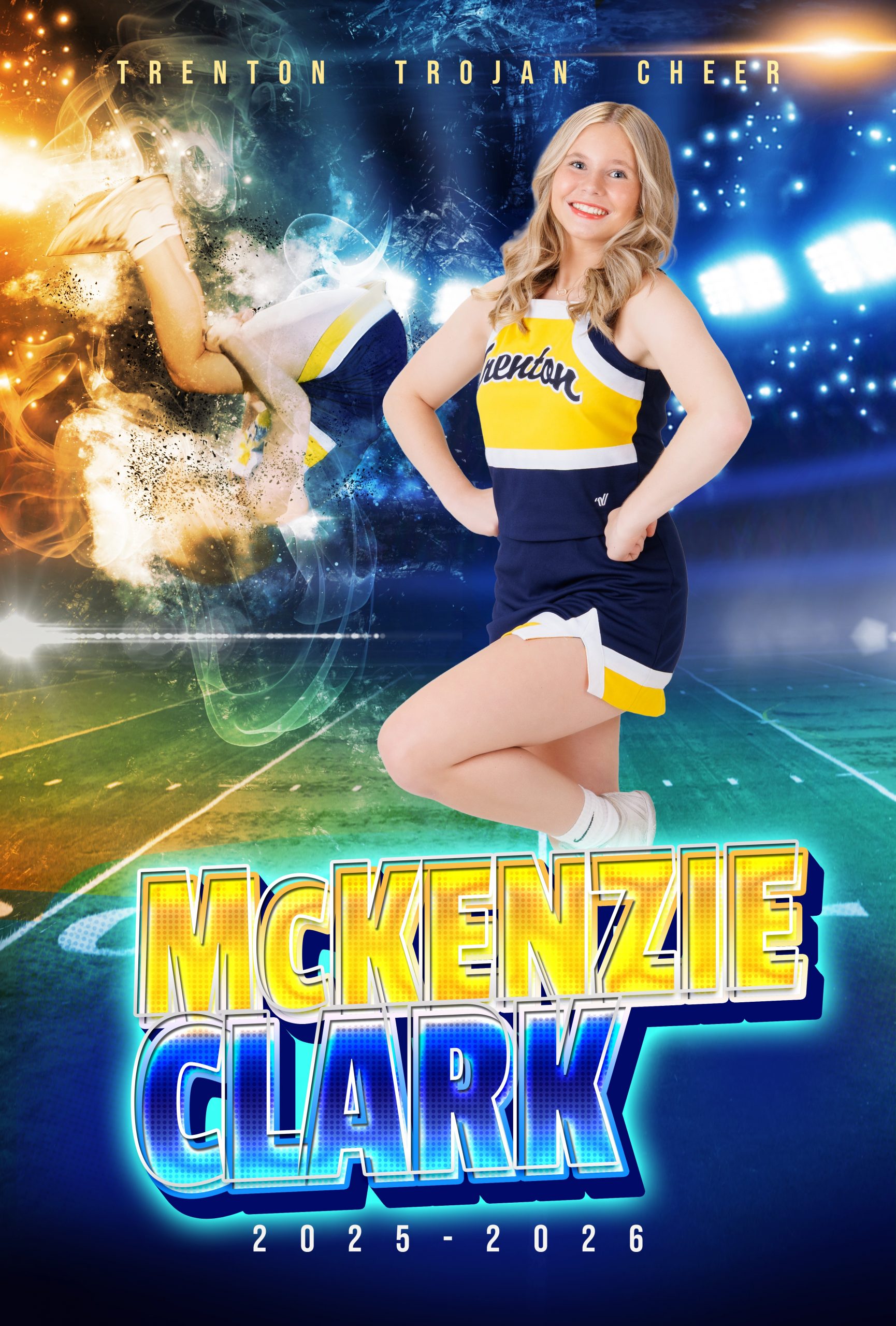 Trenton Trojan Cheer banner featuring Relay Toustig in cheerleading uniform holding a football and pom-poms