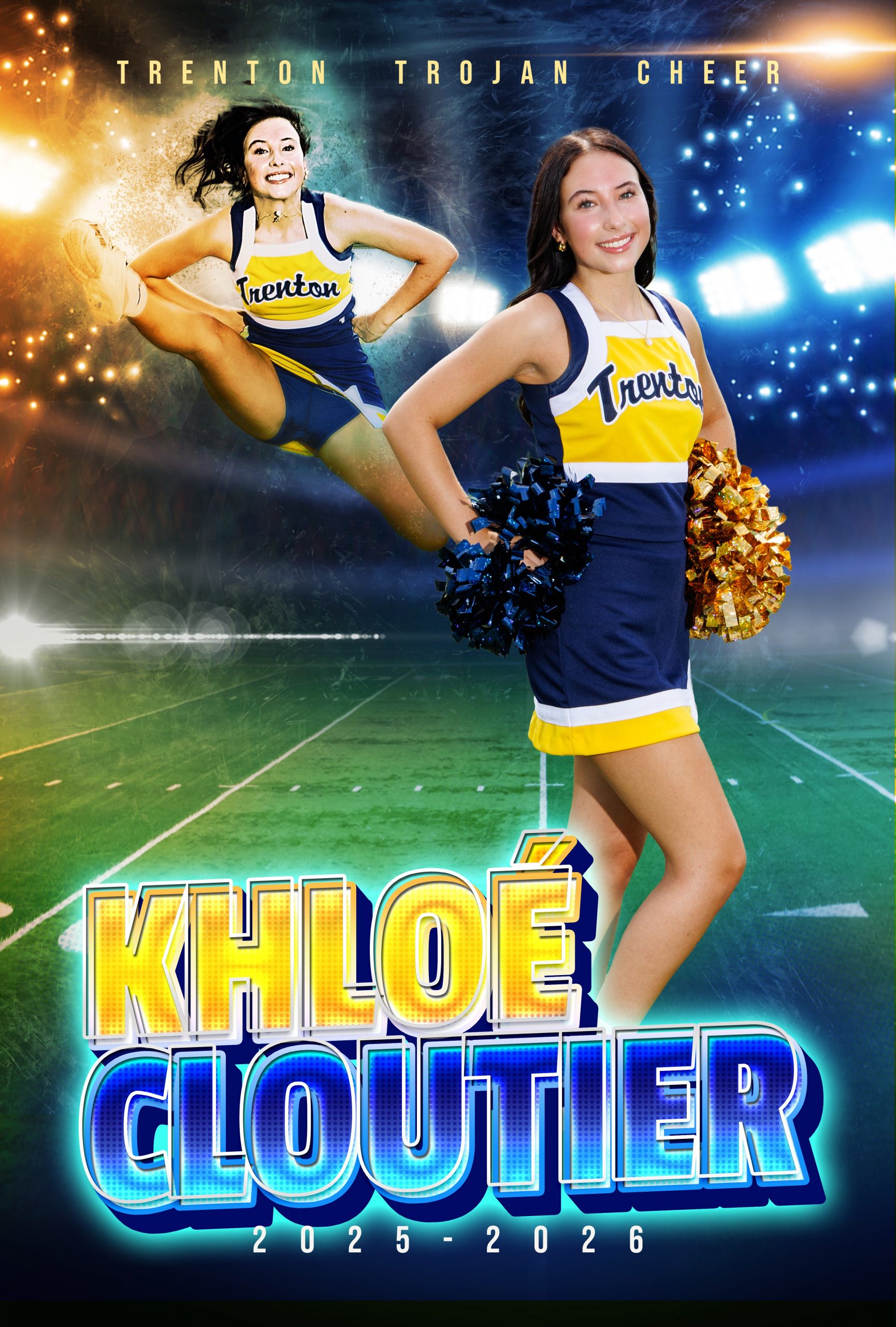 Trenton Trojan Cheer banner featuring Relay Toustig in cheerleading uniform holding a football and pom-poms